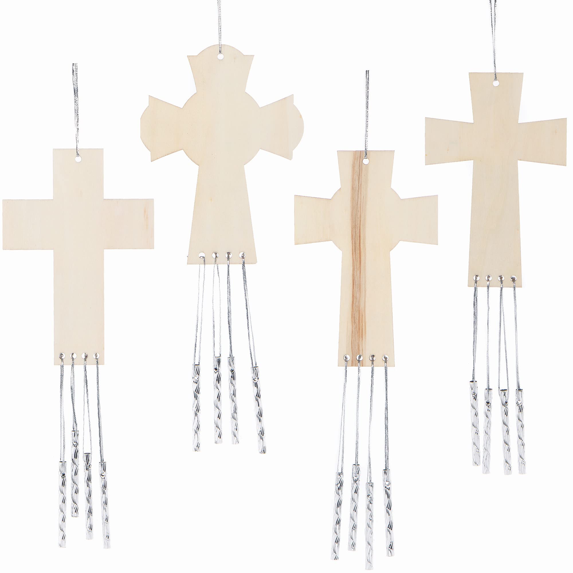 Baker Ross wooden cross wind chimes - pack of 4, musical wind chimes with metal bells craft set for children to colour and decorate (FC536)