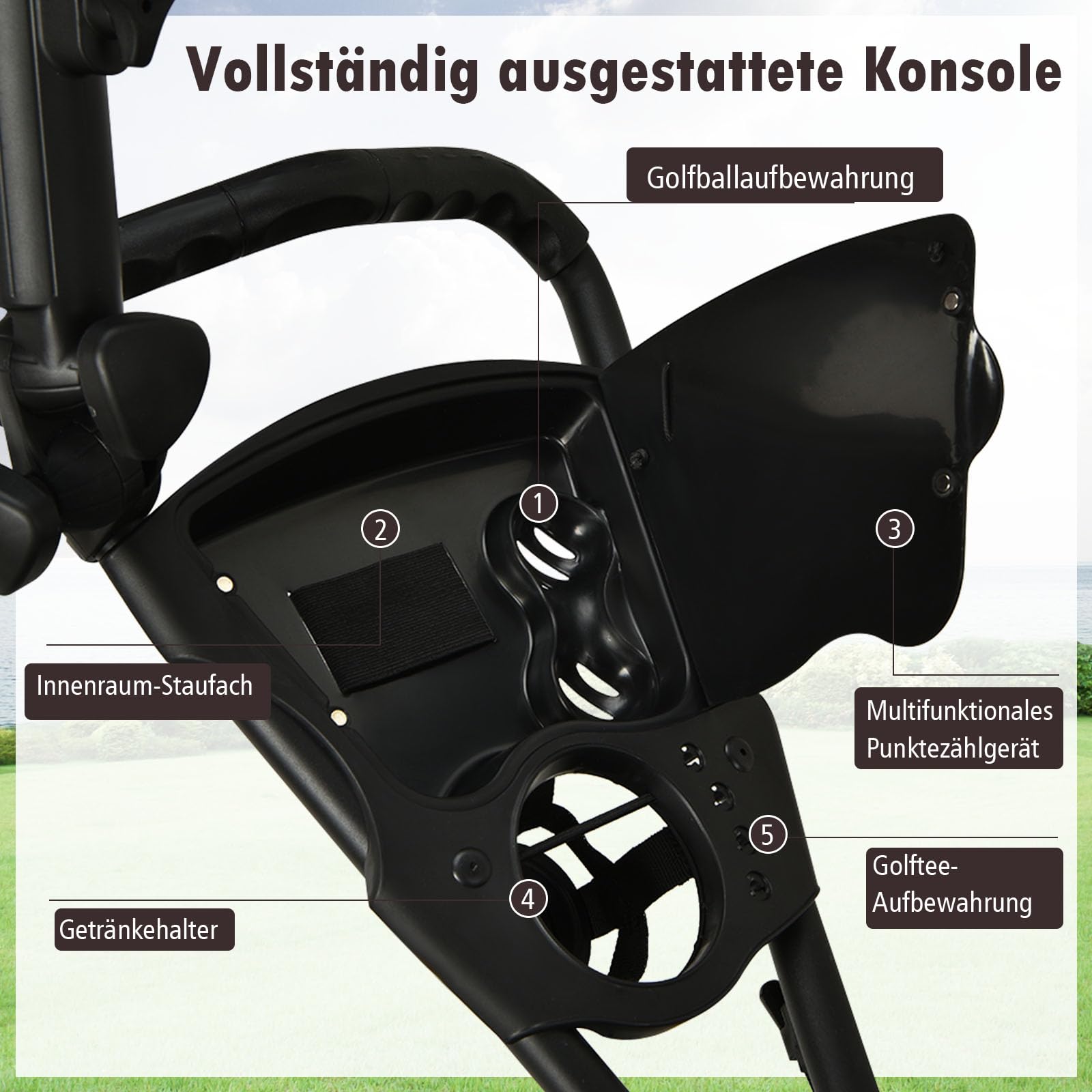 GYMAX Carro de Golf Plegable 3 Ruedas con Asa Ajustable, Soporte Paraguas y Portavasos