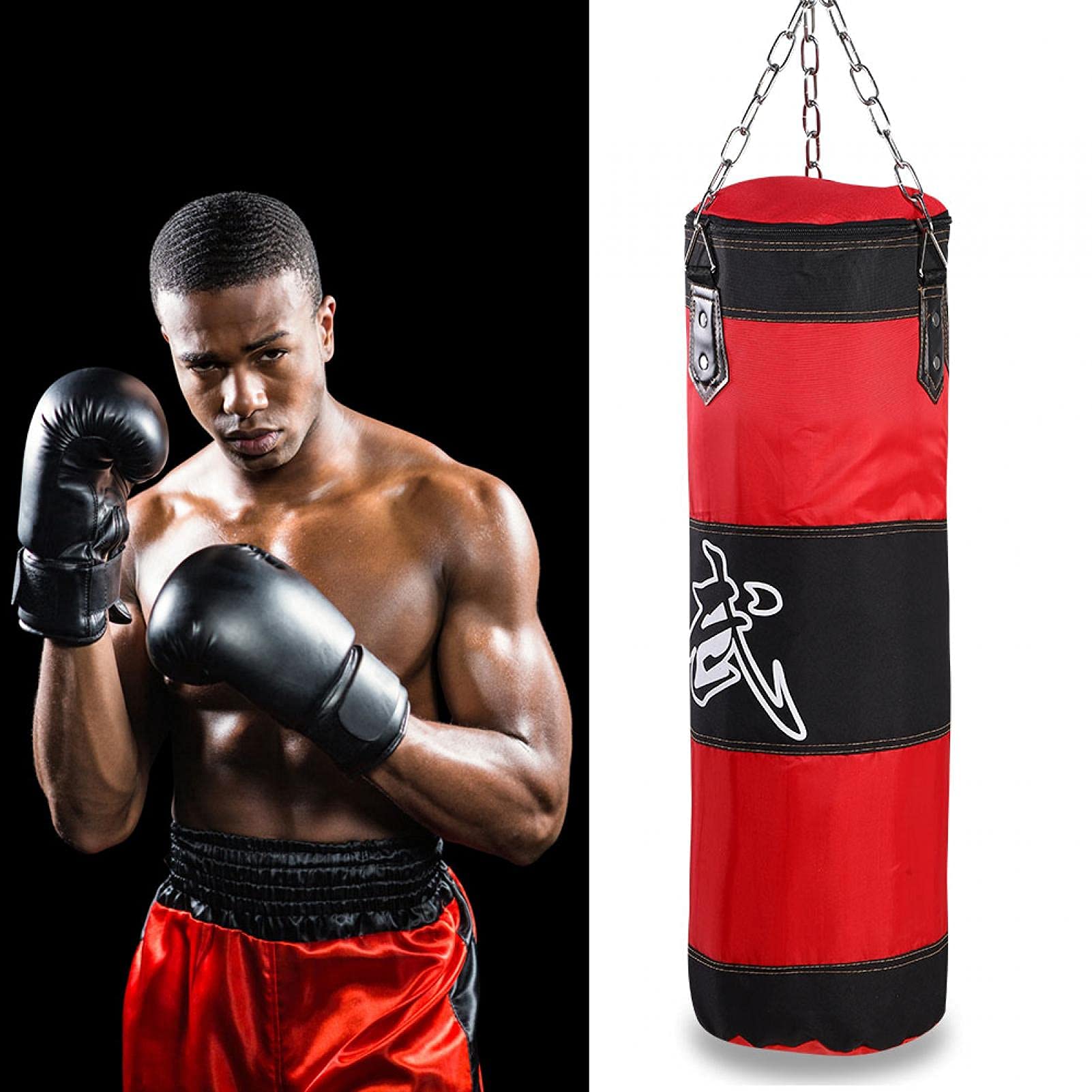 Sacchetto di Sabbia Vuoto Appeso a Catena Gancio da Aoffitto con PU Patch per Muay Thai Arti Marziali Boxe(80cm-Rosso)