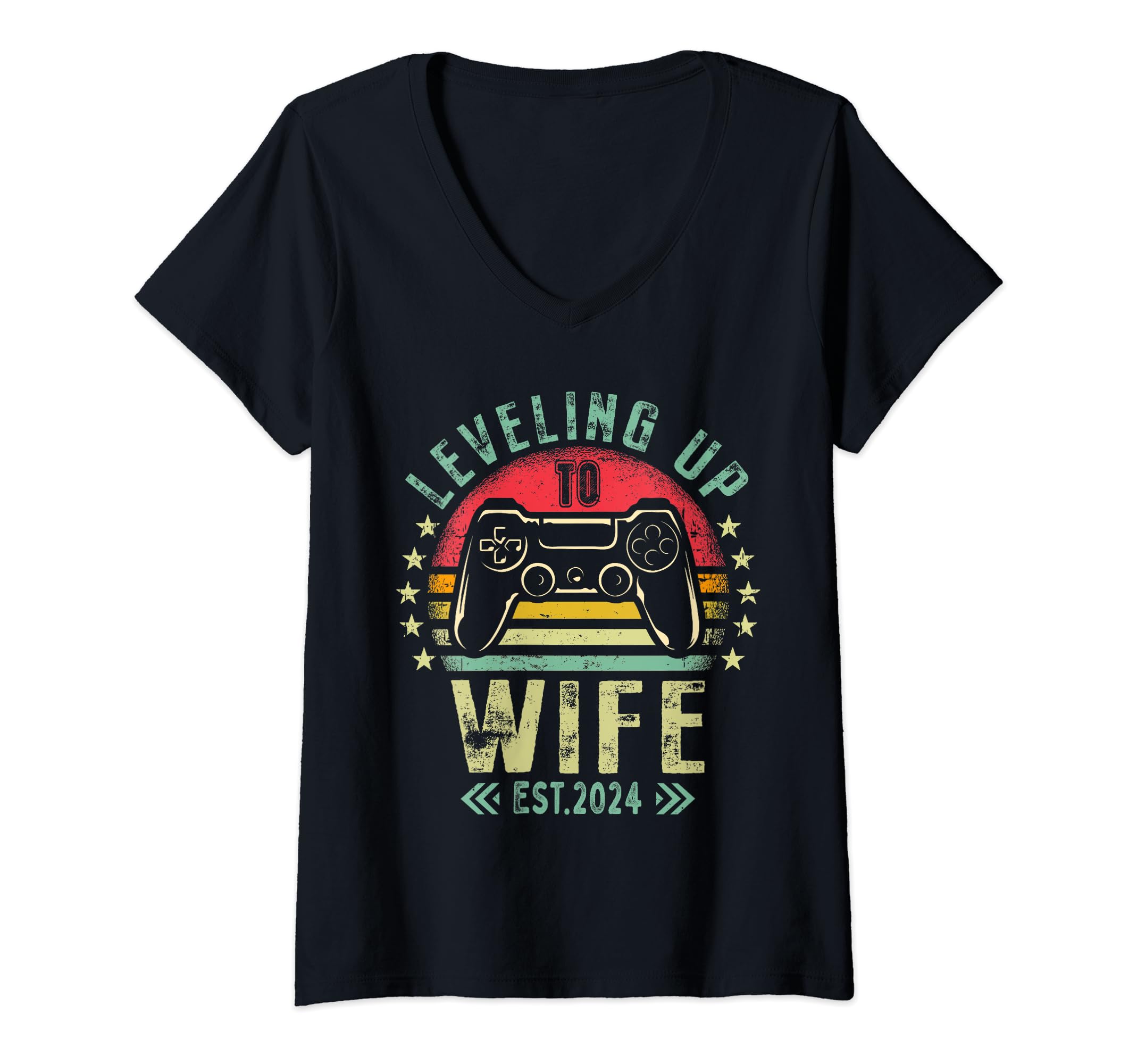 Womens Leveling Up To Wife 2024 For Her Future Bride Gamer Wedding V-Neck T-Shirt
