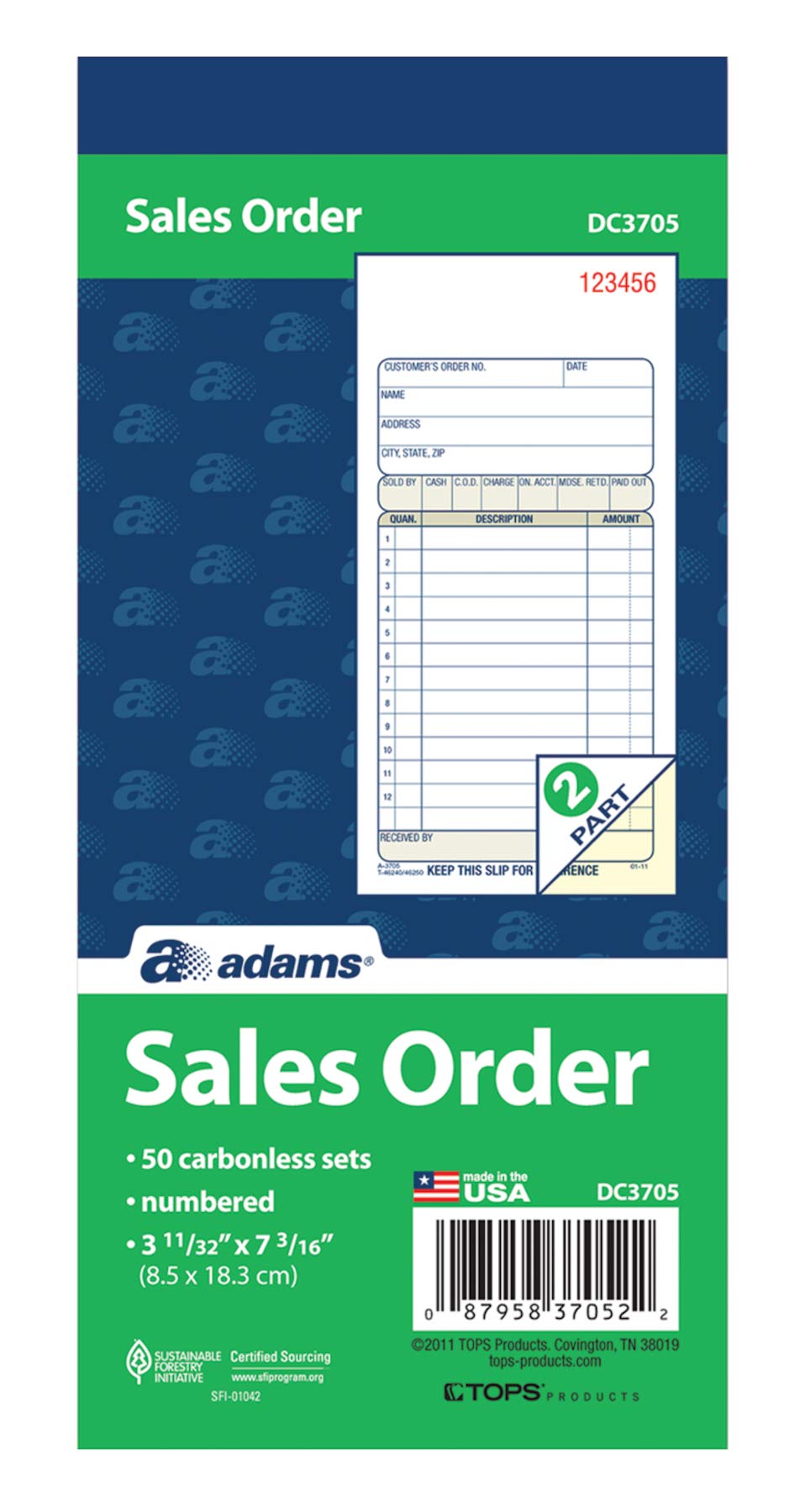 Adams Sales Order Book, 2-Part, Carbonless, White/Canary, 3-11/32 x 7-3/16 Inches, 50 Sets per Book (DC3705)