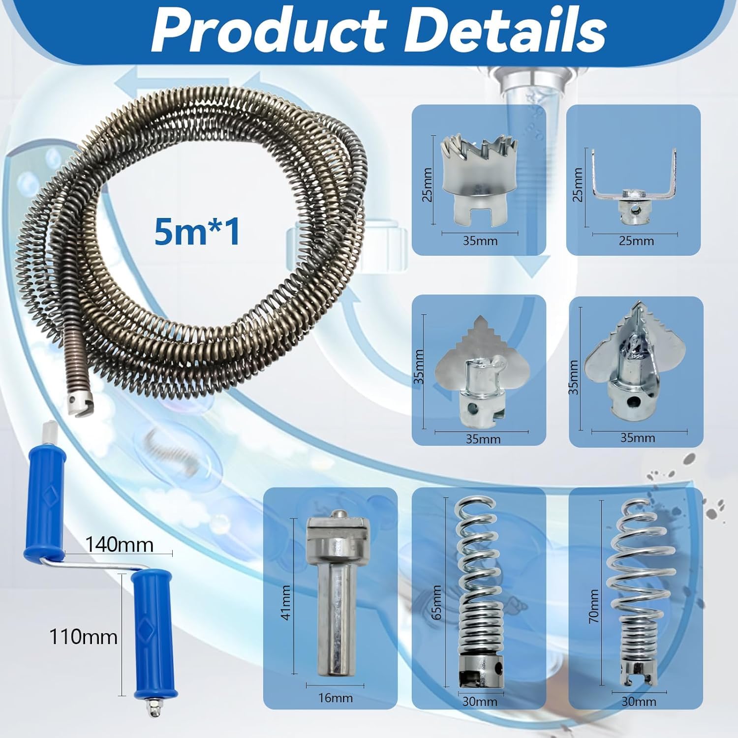 Desatascador Manual de Tuberías 5M, Desatascador Fregadero con 8 Accesorios, Diámetro 12mm - Espiral de Limpieza para Baño, Cocina, Ducha y WC