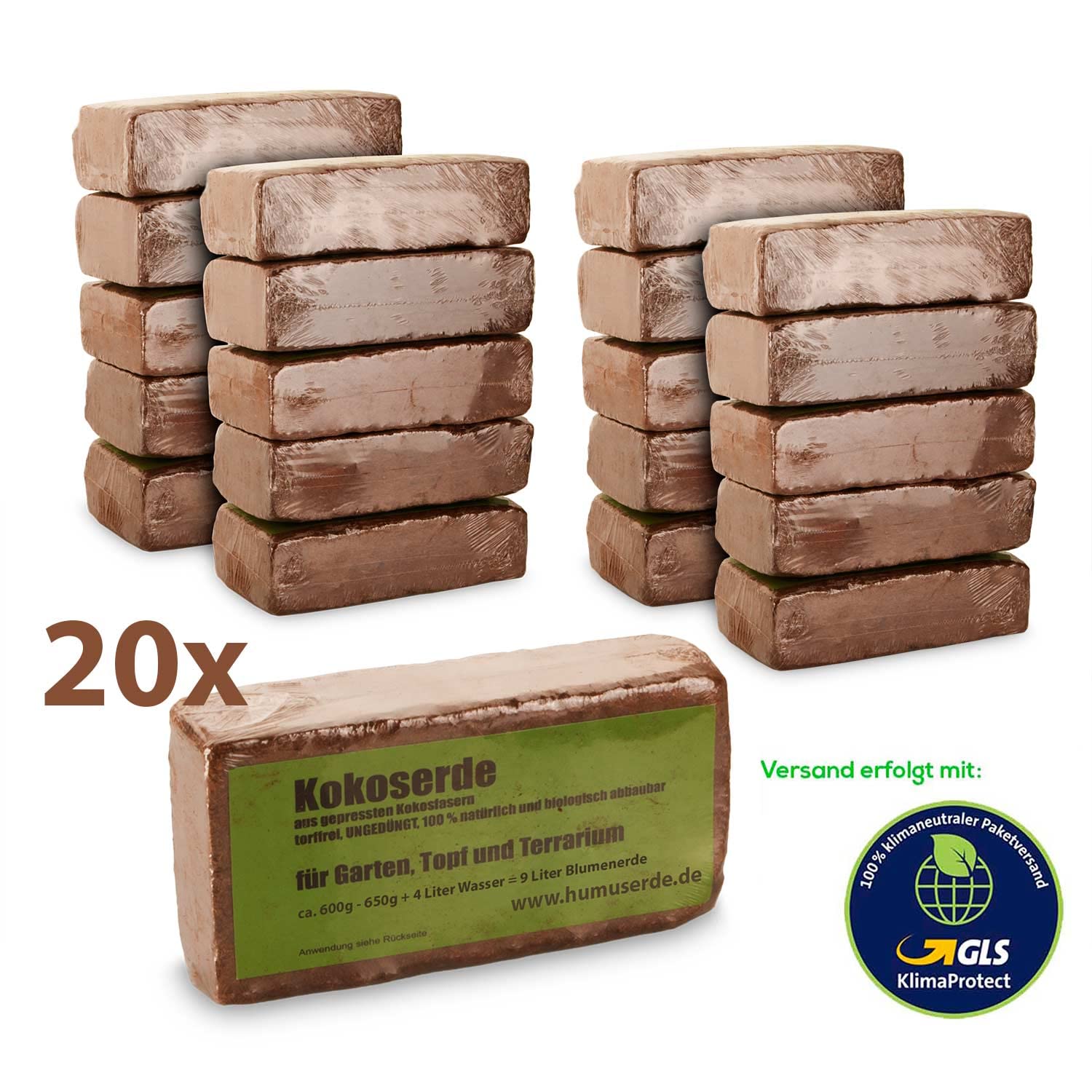 Humuserde I Erde aus Kokosfasern 20 x 650g I 100% natürlich & biologisch abbaubar I nährstoffarme Anzuchterde torffrei & ungedüngt I Kokoserde für Pflanzen/Hochbeete & Terrarien