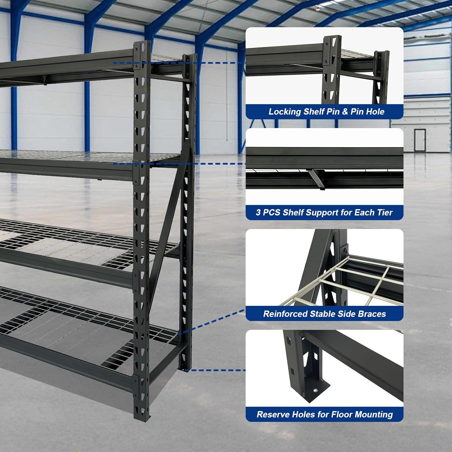 AAIN 8000 LBS Heavy Duty Shelving, 77 in Ultra Wide Metal Garage Shelving Unit, 4 Tier Industrial Adjustable Shelf for Warehouse, Garage, Workshop, and Commercial Use