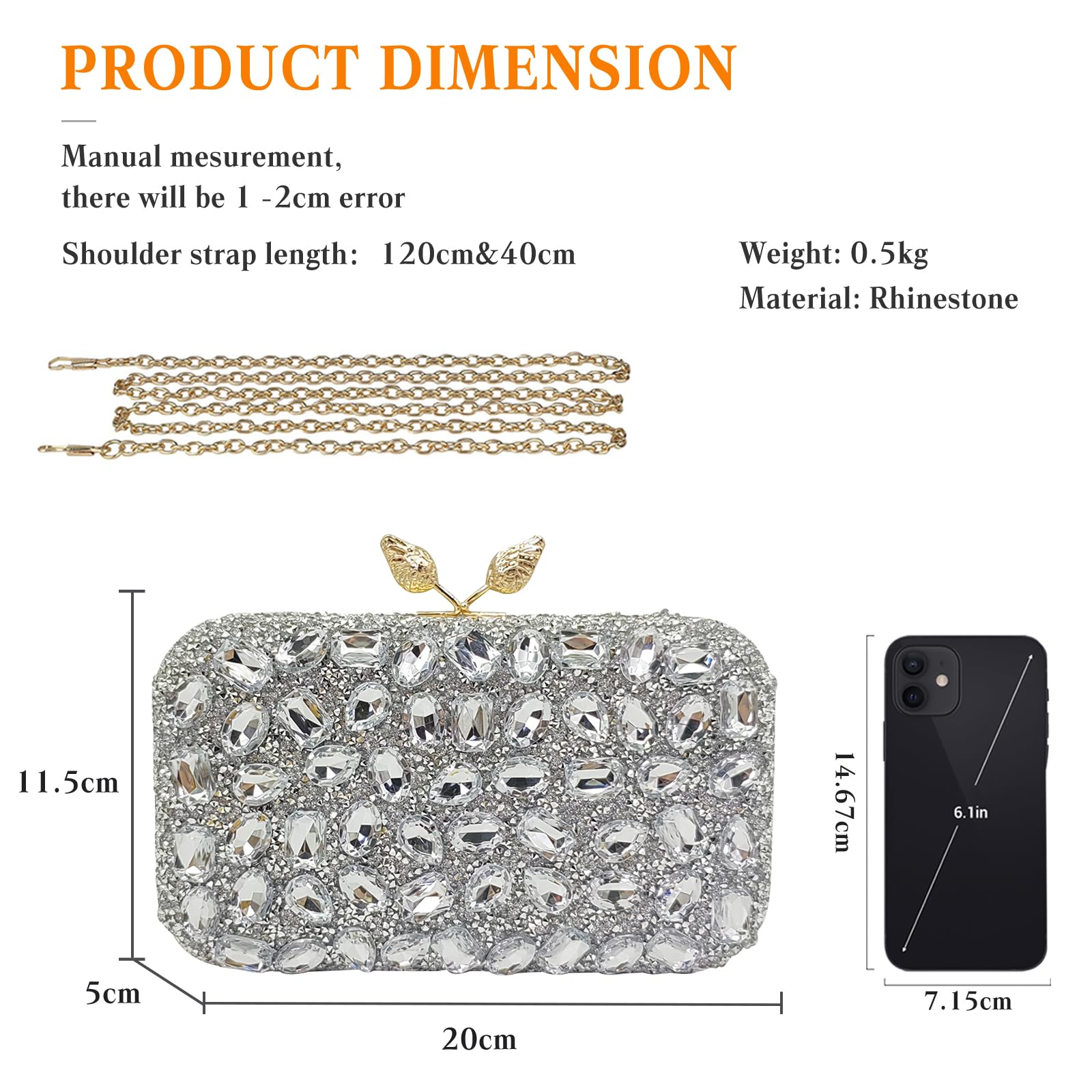 CORIOS Borsetta da Sera con Strass Donna Pochette Piccolo con Catena Elegante Borsa a Tracolla Borsa a Spalla Gorgeous Borse Messenger Ballo Cocktail Cerimonia Festa Clutch Argento