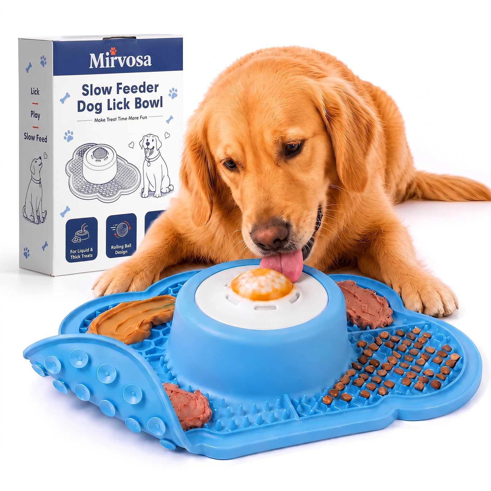 Anti-Slip Slow Feeder Dog Bowl and Lick Mat with Rolling Ball