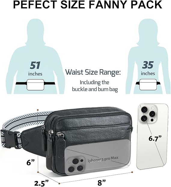 LATMAP 3L Fanny Packs for Women Cross Body Bag Vegan Leather Chest Belt Bag Fashion Waist Pack Small Bum Bag Crossbody for Travel Running Workout, Black