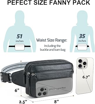 LATMAP 3L Fanny Packs for Women Cross Body Bag Vegan Leather Chest Belt Bag Fashion Waist Pack Small Bum Bag Crossbody for Travel Running Workout, Black