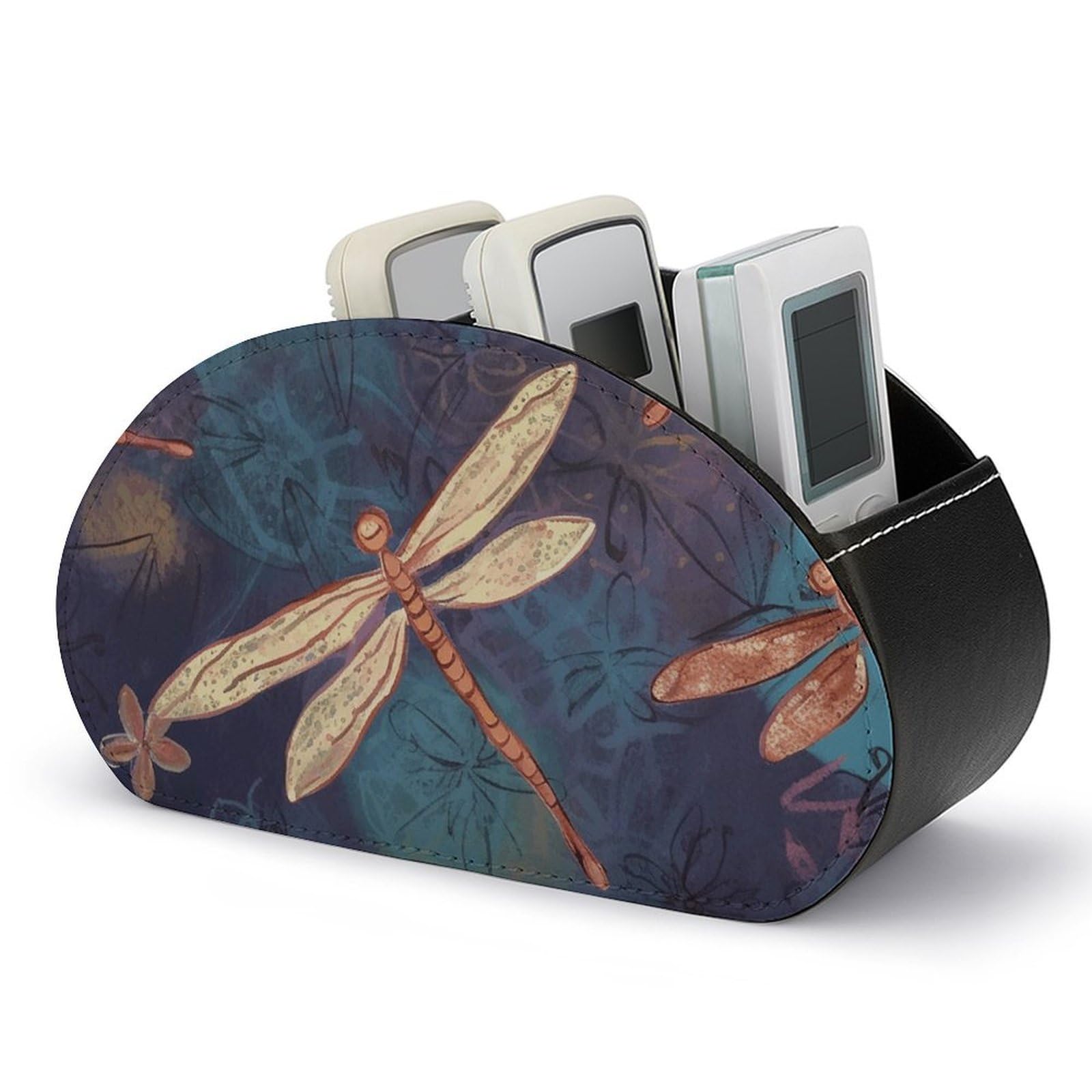 VstaDank Hand Painted Dragonfly Remote Control Holder with 5 Compartments PU Leather Remote Caddy Desktop Organizer Store TV Remote Control Storage Box for Home Office Desk Nightstand