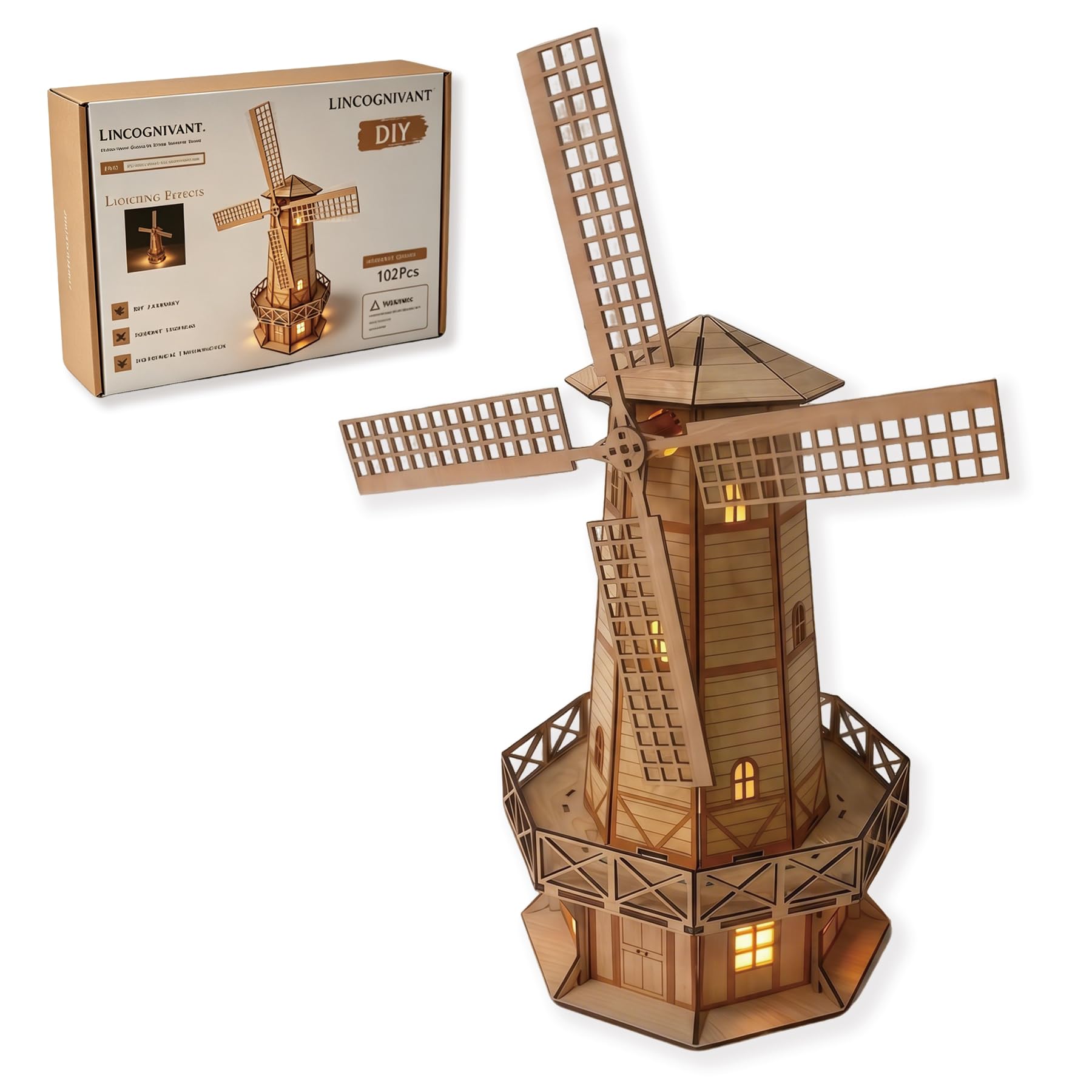 DIY Wooden Windmill Model Kit, 3D Wooden Puzzle Mechanical Building Kit, Laser Cut Craft Model for Adults Teens, STEM DIY Home Decor Gift, 100+ Pieces