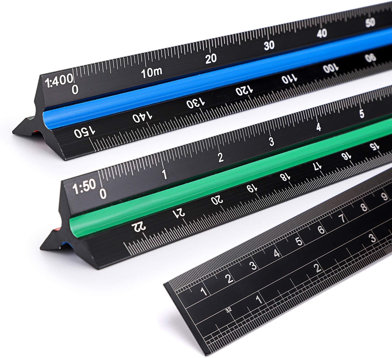 Ownmy 3 Pack 30Cm Solid Aluminum Triangular Architect Scale Ruler Set, 3-Colors-Groove Architectural And Engineer Metal Clear Drafting Rulers For Civil Blueprint