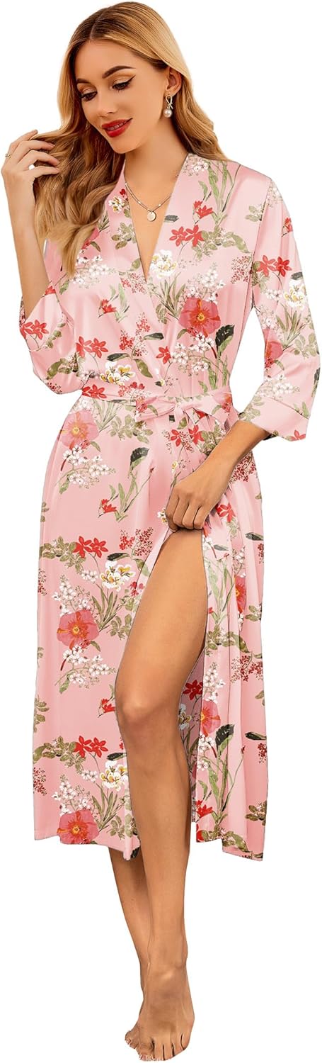 Ekouaer Silk Robes for Women Long Satin Bride Bridesmaid Wedding Party Robes Lightweight Sexy Sleepwear with Pockets