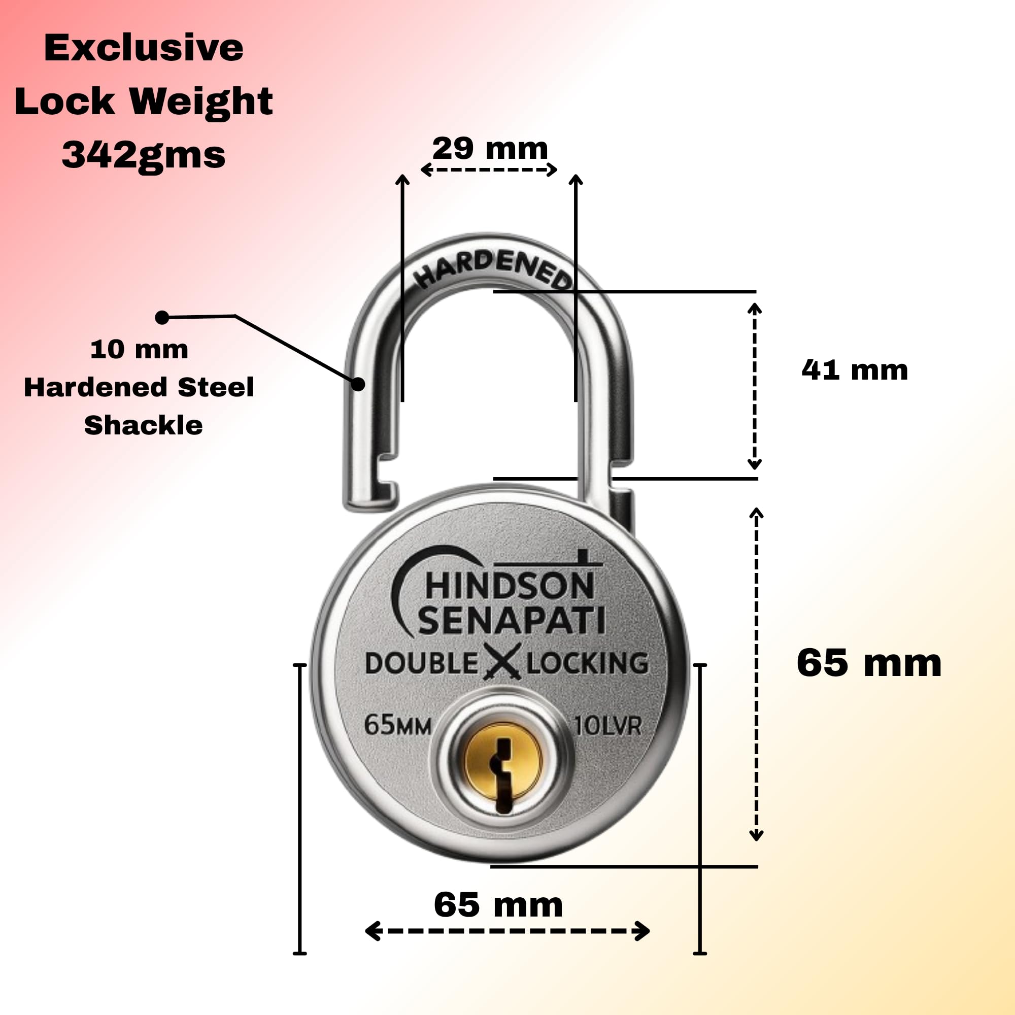 HINDSON Senapati 65mm Double Locking Padlock with 10 Lever Security and 4 Keys, Heavy Duty Lock and Key for Home, Door, Gate and Outdoor Use — Amazon image 6