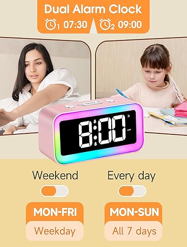 Miniatura 10 de Cadmos Reloj despertador fuerte para dormitorios con luz nocturna RGB dinámica adultos que duermen pesados alarma doble cargador USB pequeño reloj