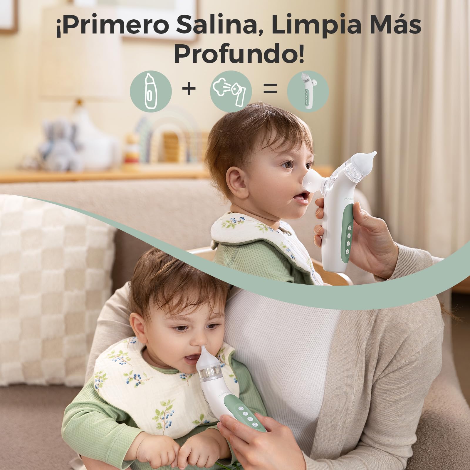 Momcozy Aspirador Nasal Eléctrico 2 en 1 para Bebés con Función de Pulverización y Succión, 65 kPa, 4 Niveles Ajustables, Silencioso y Portátil, con Luz Relajante y Música