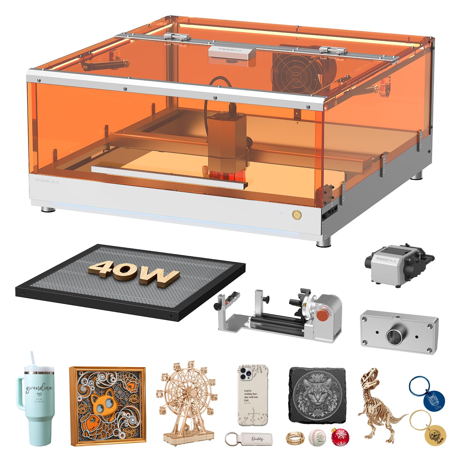TOOCAA 40W Enclosed Laser Cutter and Laser Engraver with 5 in 1 Rotary Roller Set,Smart Camera,Air Assist,Honeycomb Panel, 22" x 22" Bed Size, Laser Engraving Machines for Tumblers Wood Metal Acrylic