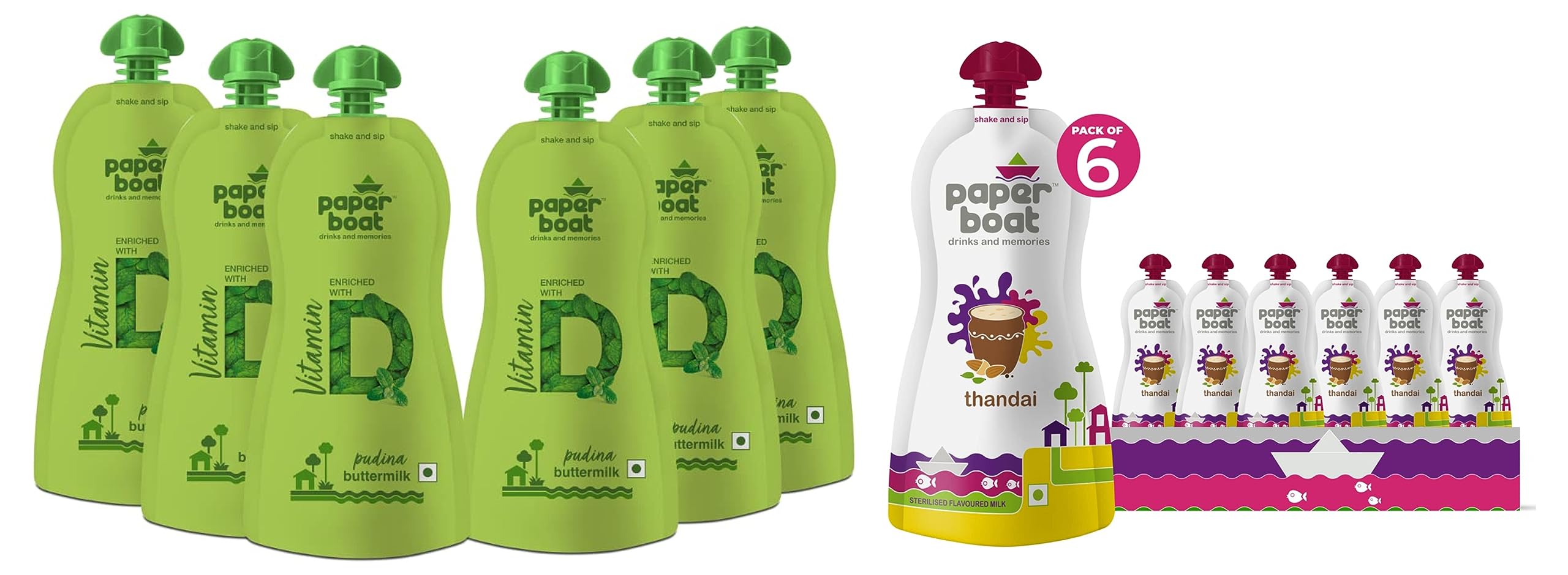 Paper Boat Pudina Buttermilk, Vitamin D, Vitamin B12, No Added Sugar (Pack of 6, 250ml Each) + Thandai, Milk Beverage, No Added and Colours (Pack of 6, 180ml each) No Preservatives