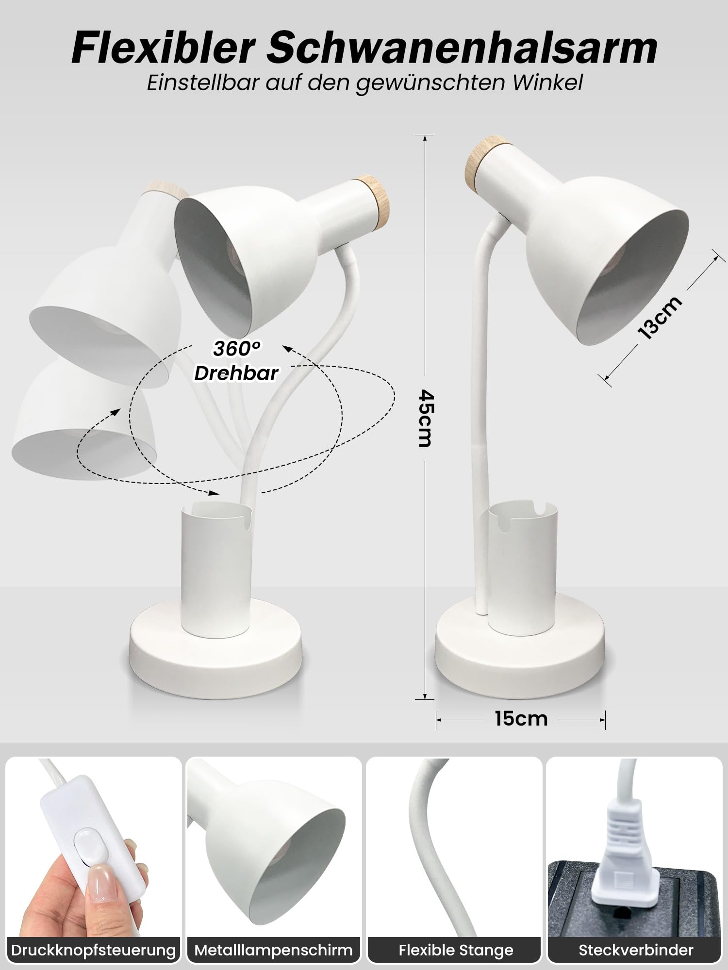 LED Schreibtischlampe mit Stifthalter, augenschonende Schreibtischlampe 3 Farbmodi Leselicht flexible Schwanenhals-Metall-Studienlampe, niedliche Tischlampen für Zuhause Büro Nachttisch Schlafsaal