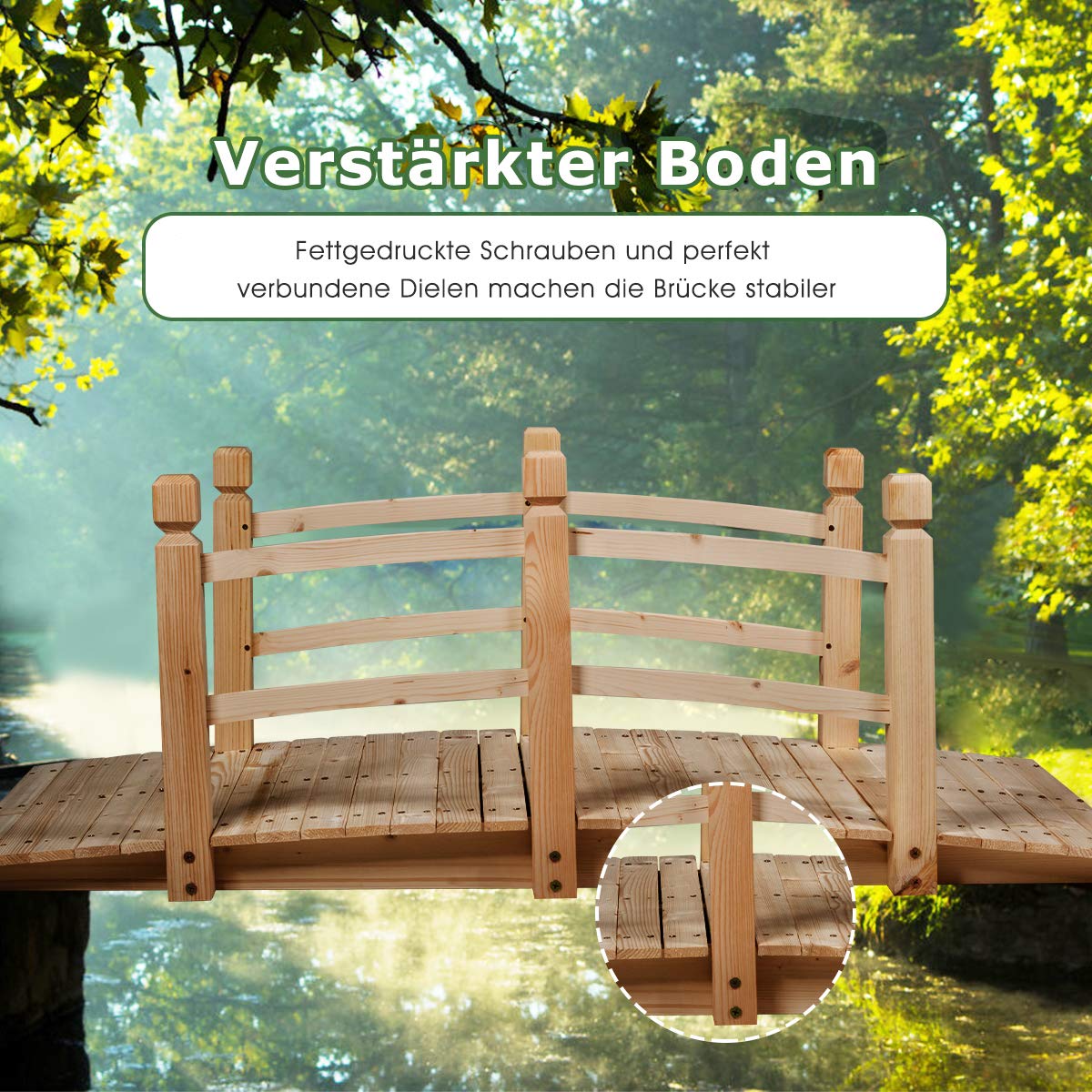 COSTWAY Brücke, Teichbrücke Gartenbrücke, Holzbrücke mit Geländern, Zierbrücke bis 180 kg belastbar, aus massivem Tannenholz, Dekobrücke für Garten Teich Außenbereich, 150 x 67 x 55 cm (Natur)