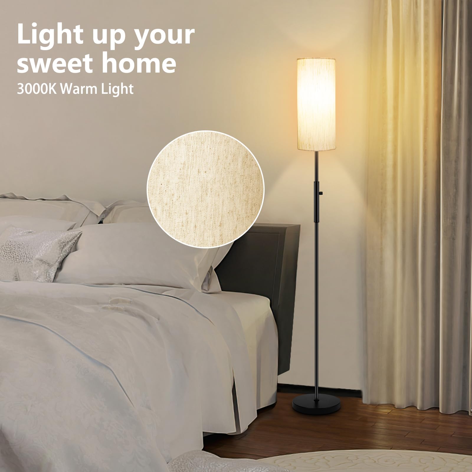 Modern Floor Lamp With Linen Shade - Stepless Dimmable Standing Lamp For Living Room