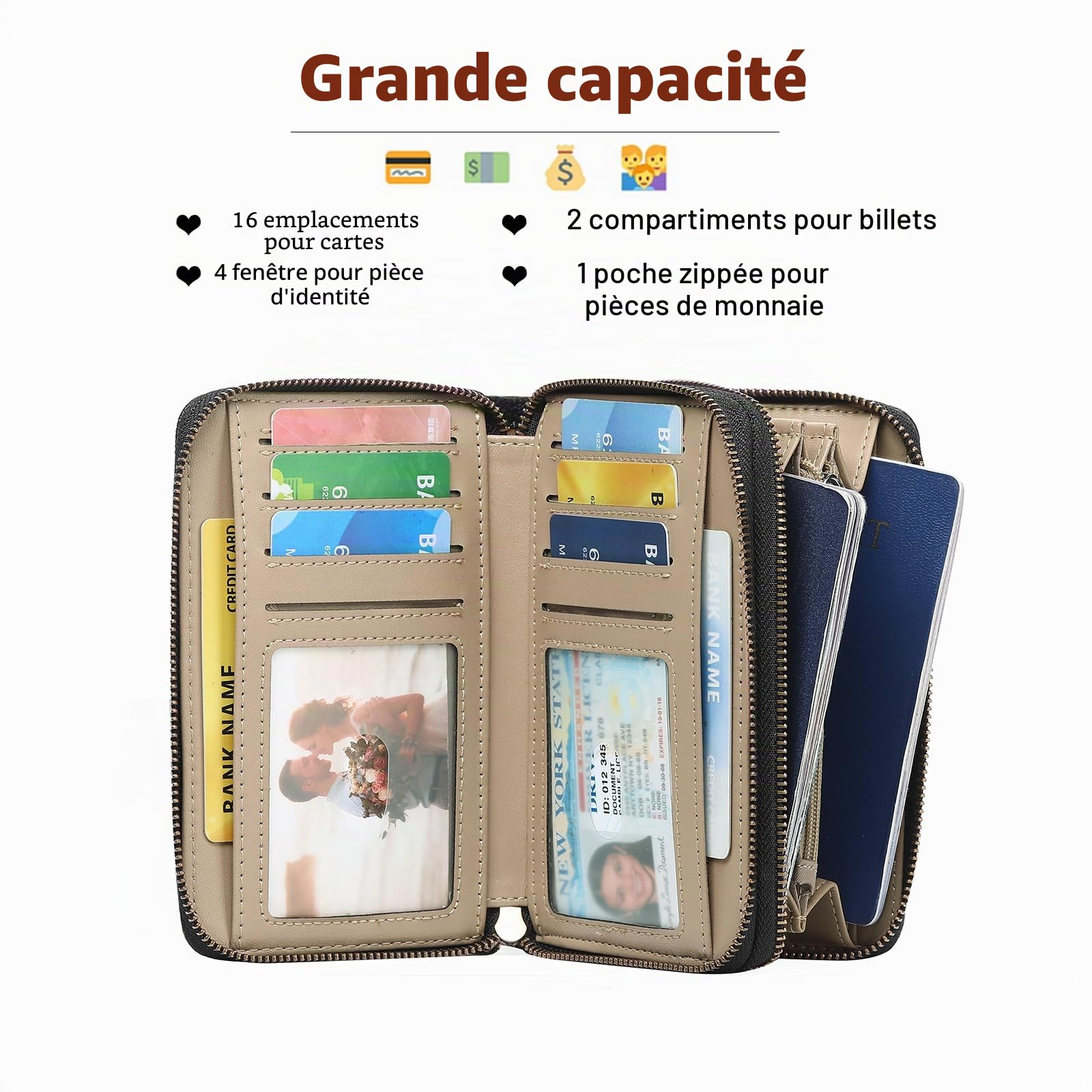 GOIACII – Portefeuille en cuir pour femmes avec blocage RFID, taille moyenne, double fermeture éclair, porte-cartes de crédit avec 10 fentes pour cartes et bracelet, A01-noir., M, Classique