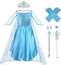 Vicloon Elsa Costume Ragazze Principessa, 5 PCs Principessa Elsa Costume, Vestito da Festa di Compleanno, Elsa Vestito Set da Principessa Corona e Bacchetta, Cosplay Party Halloween-100