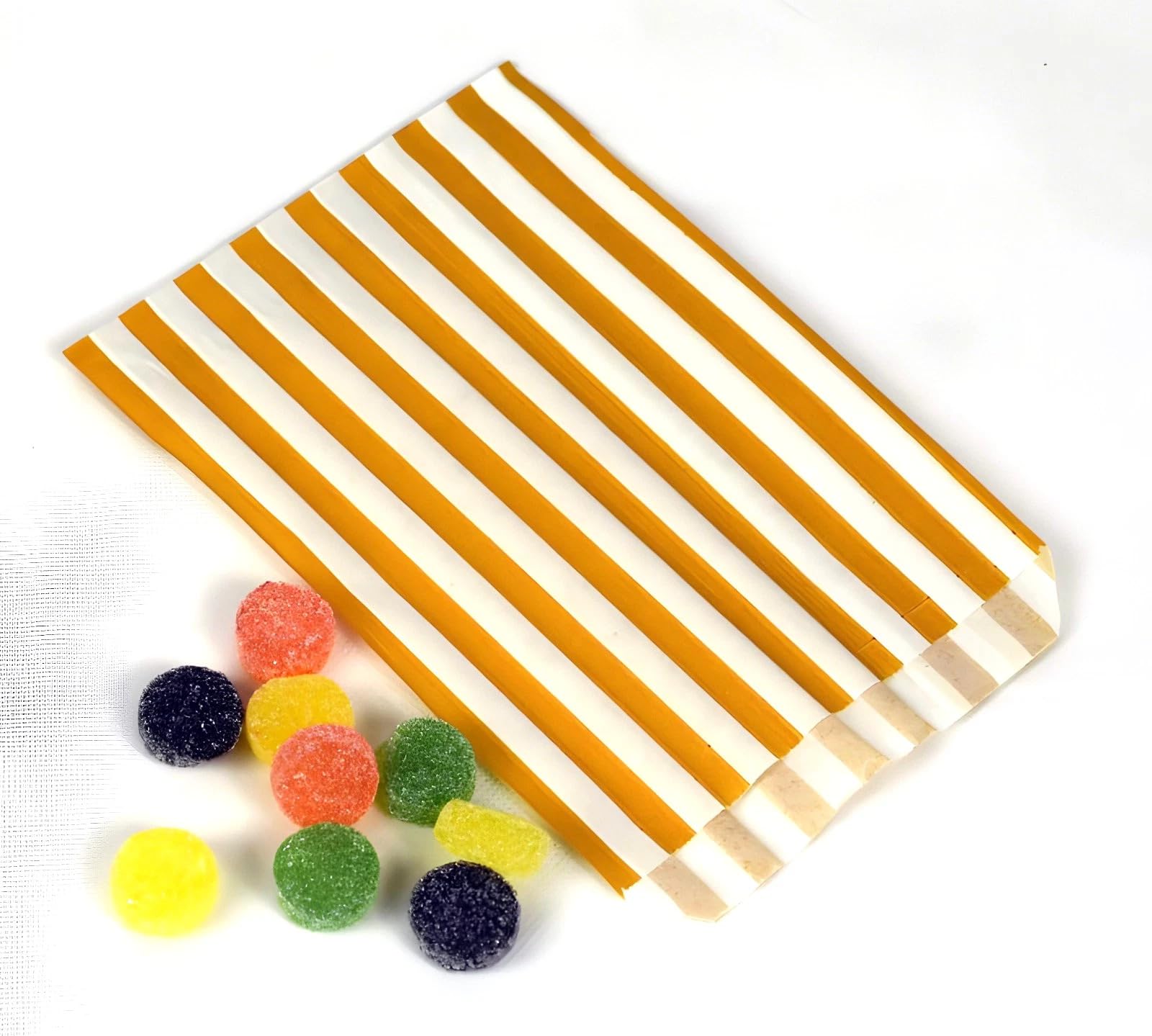 100 Gold 5" x 7" Striped Candy Sweet Paper Bags | Wedding Buffet Favour Cake Gift Pick n Mix Shop | Premium Quality UK Made