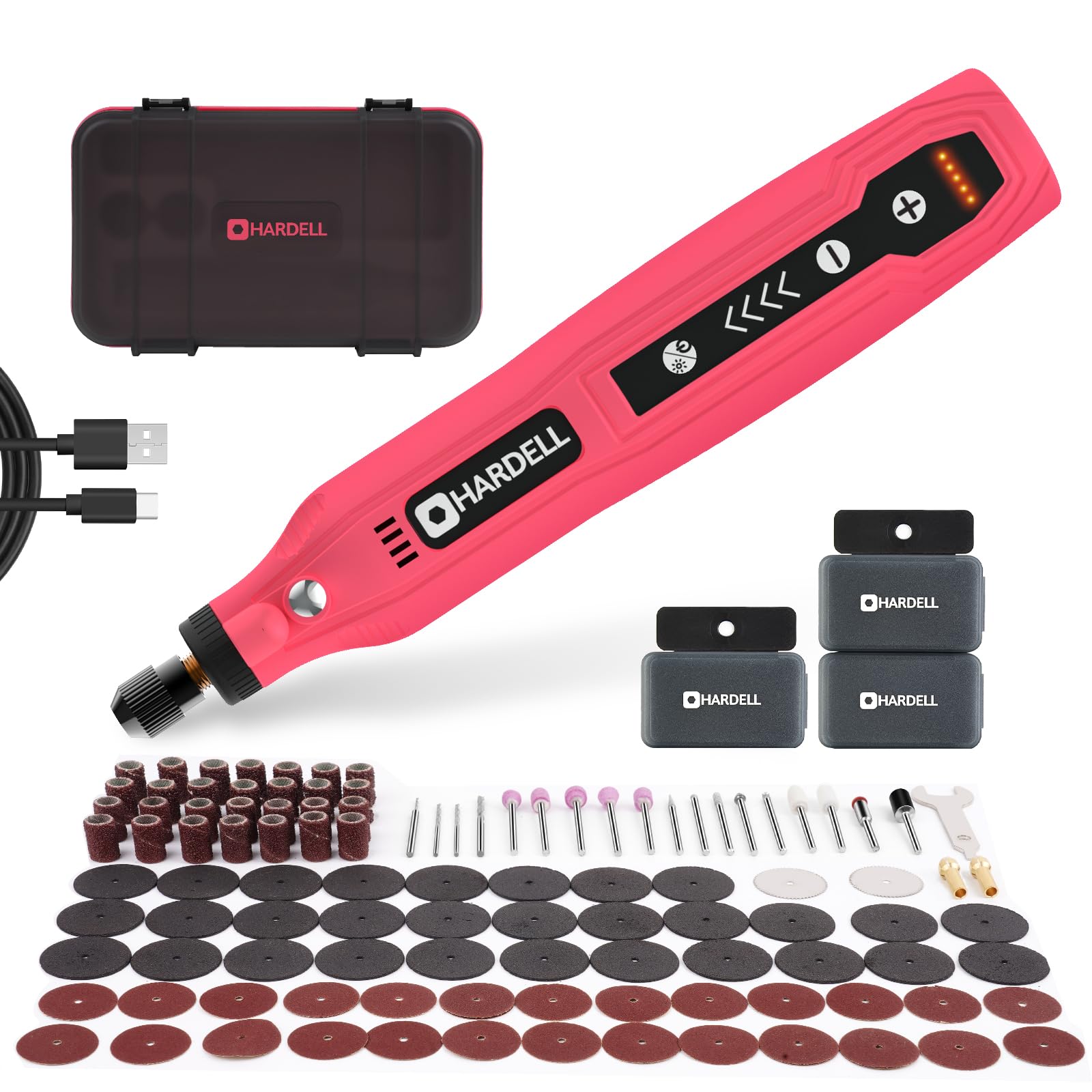 HARDELL 3.7V Cordless Rotary Tool Kit with 111 Accessories - 5-Speed Mini Power Tool, USB Rechargeable for Drilling, Sanding, Polishing, Engraving (DIY & Crafts)(Pink