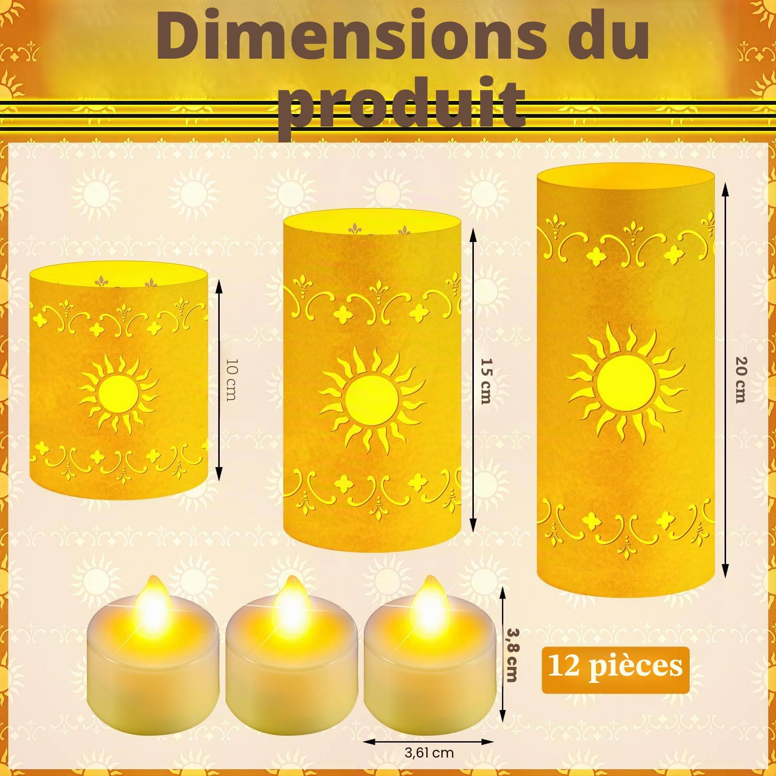 Lot de 12 lanternes solaires de princesse pour table - 3 tailles - Lanternes en papier doré avec bougies chauffe-plat pour soleil, anniversaire, fête prénatale, fête de mariage