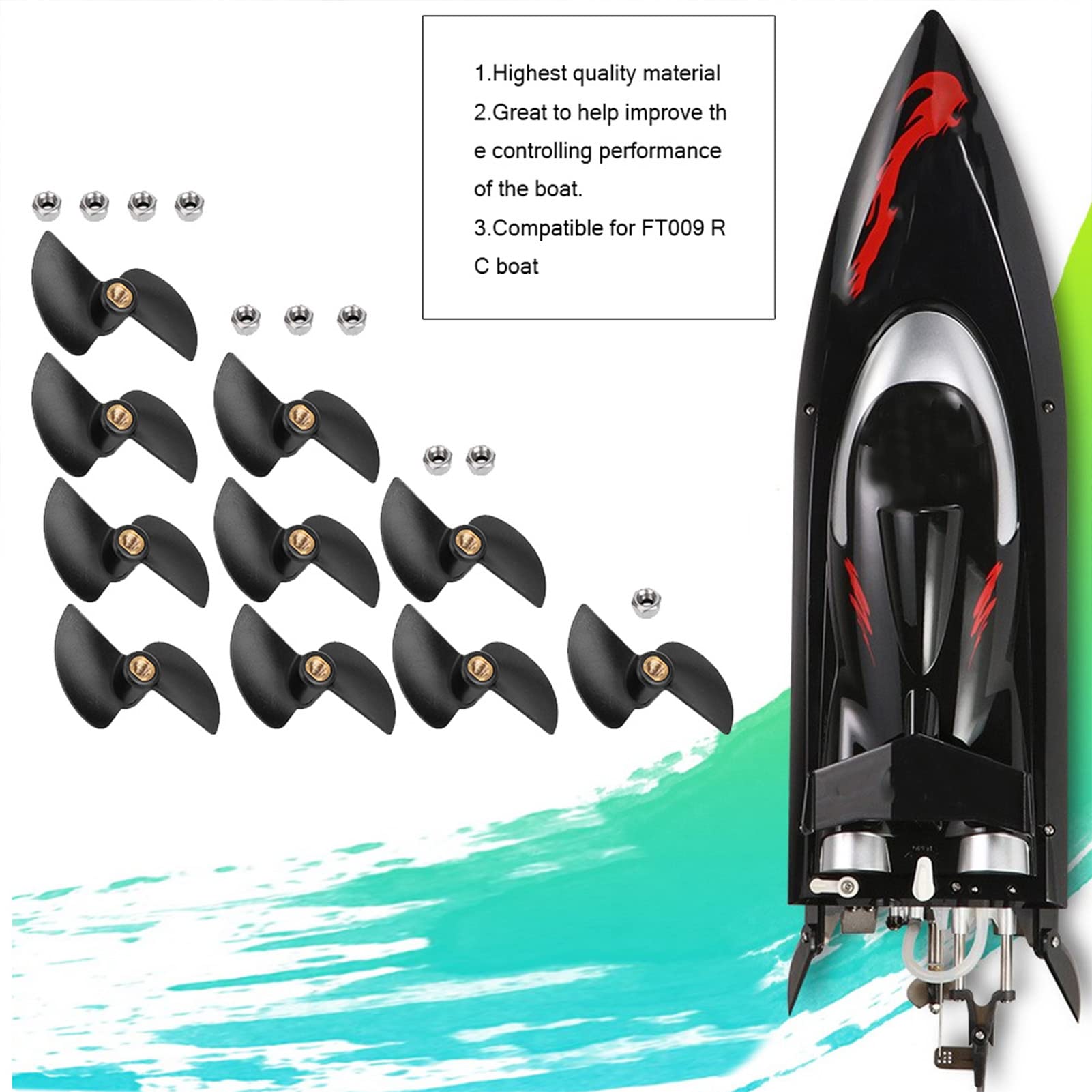 KIMISS Hélice de Bateau Rc en Plastique/métal, 10 Pièces, Télécommande Balais, Hélice de Queue de Bateau, Kit de Pièces de Rechange pour Bateau Rc Ft009