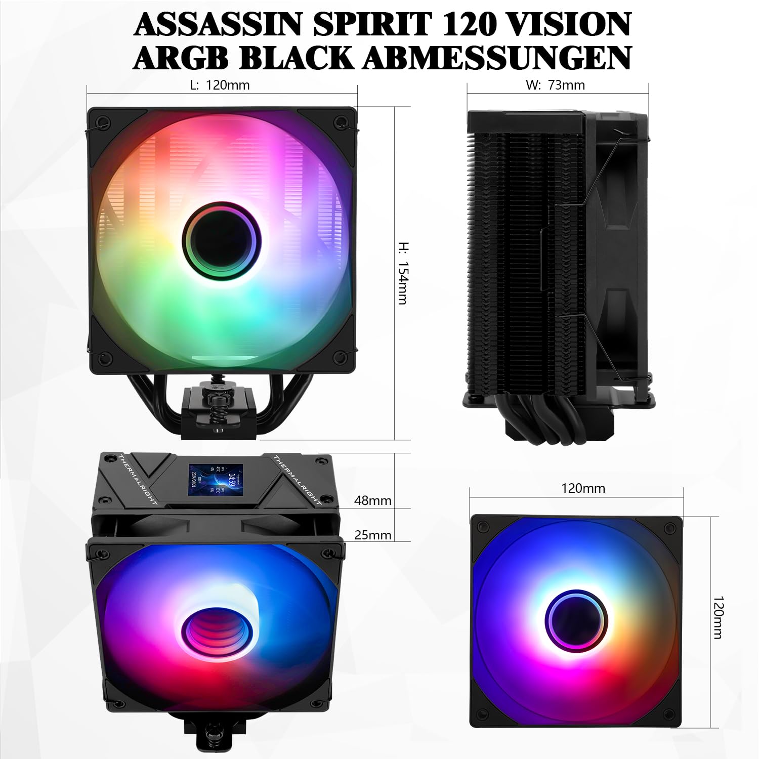 Thermalright Assassin Spirit 120 Vision ARGB Black - Enfriador de aire para CPU, refrigeración para PC, 1500 rpm, resolución 240 x 240 cm, pantalla IPS LCD de 1,54", enfriador