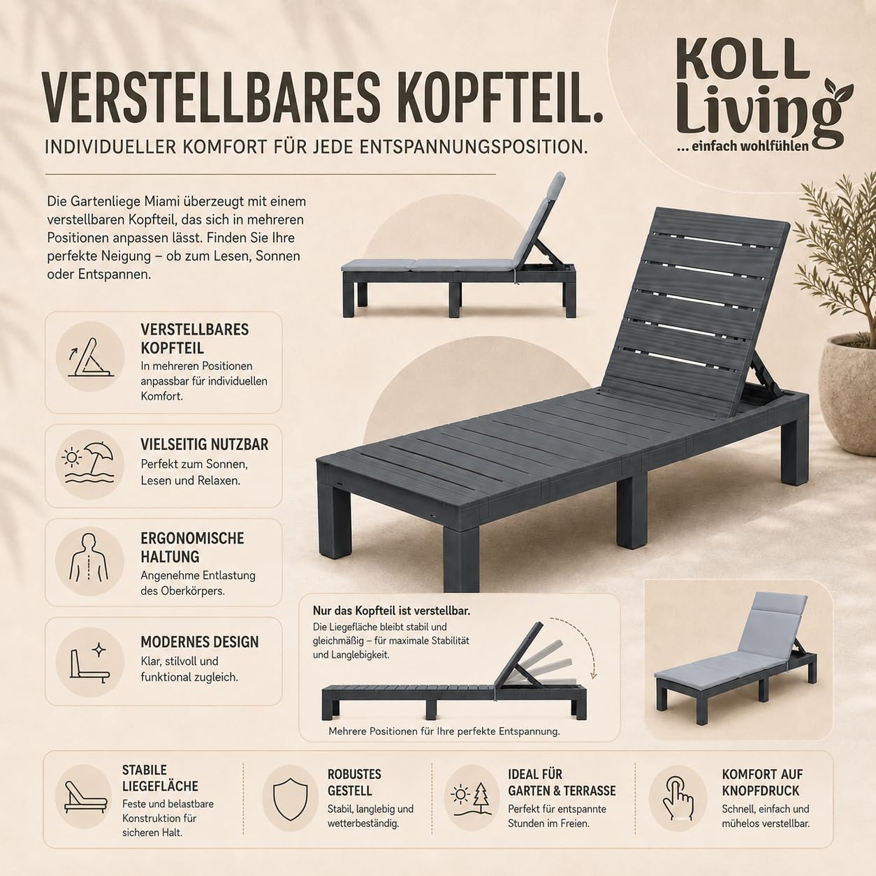 Koll Living Gartenliege Miami | Sonnenliege Kunststoff Anthrazit/Grau | 187 x 60 x 29 cm | belastbar bis 120 kg Liegestuhl wetterfest & pflegeleicht
