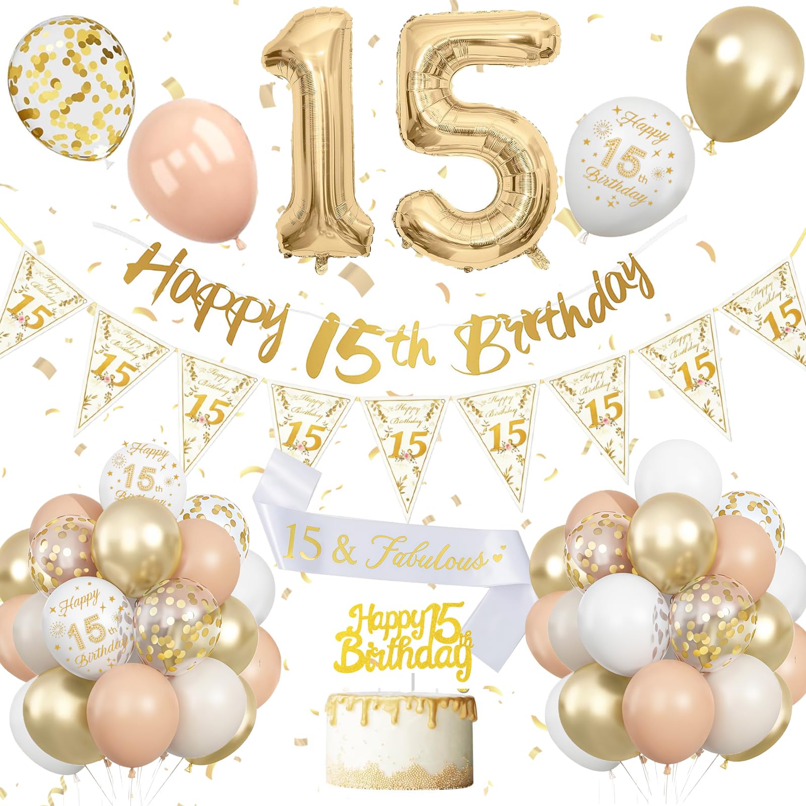 15th Birthday Decoration for Girls,15th Birthday Decorations Girl, Beige White Gold Balloons With Happy 15th Banner, Cake Topper, Number 15 Foil Balloons for Boy Girl Party Decoration — image 1