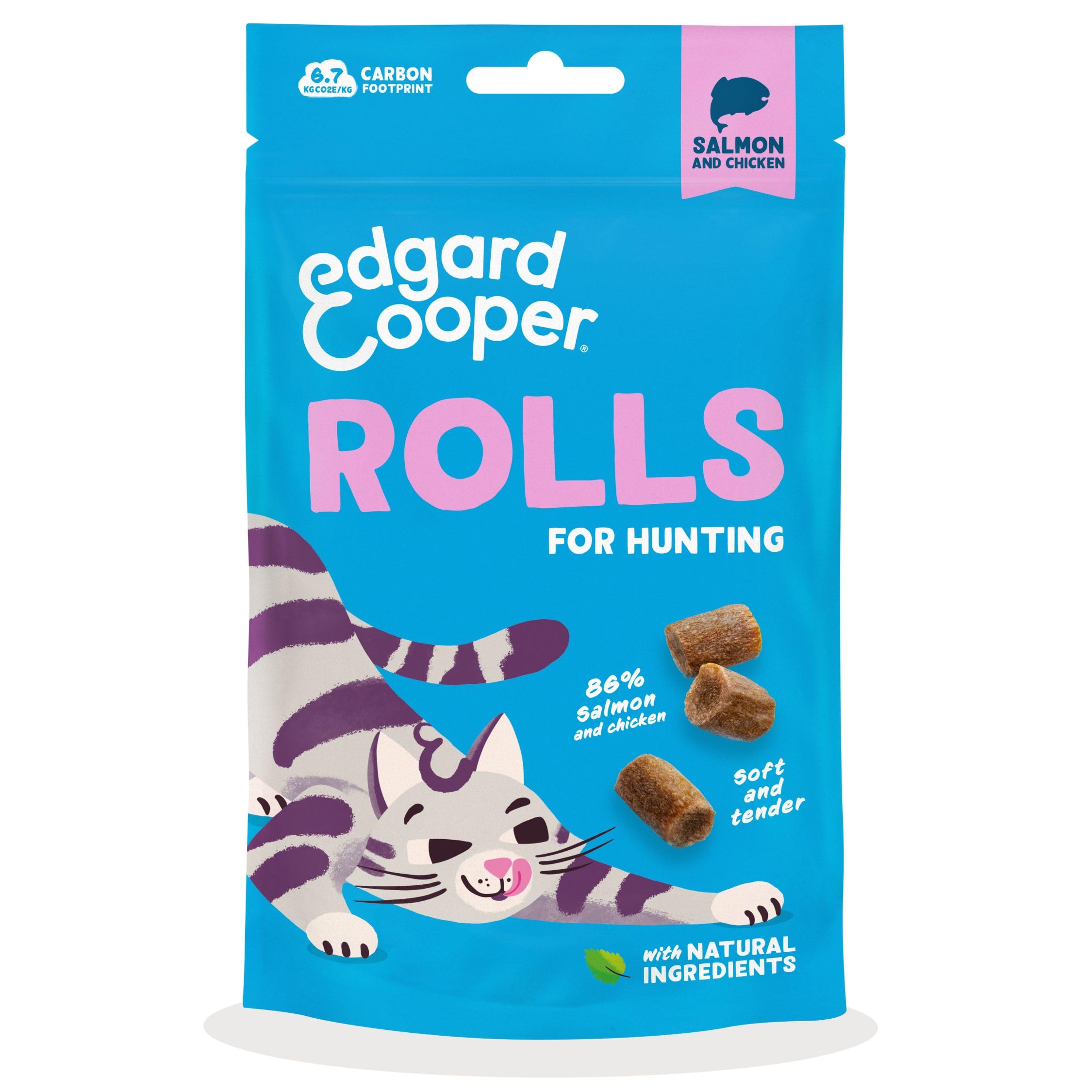 Edgard Cooper natural cat treats, salmon chicken rolls 1 x 45g bag, grain free and packed with fresh meat, high protien, perfect for hunting, natural ingredients no added sugar