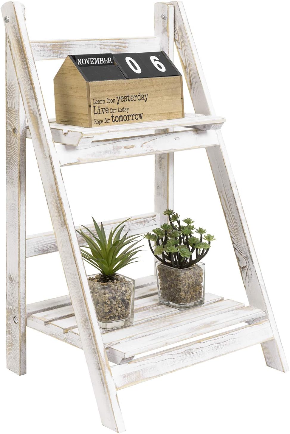 MyGift 2 Tier Rustic Whitewashed Solid Wood Freestanding Foldable Indoor Plant Stand, Decorative Wooden Display Shelf