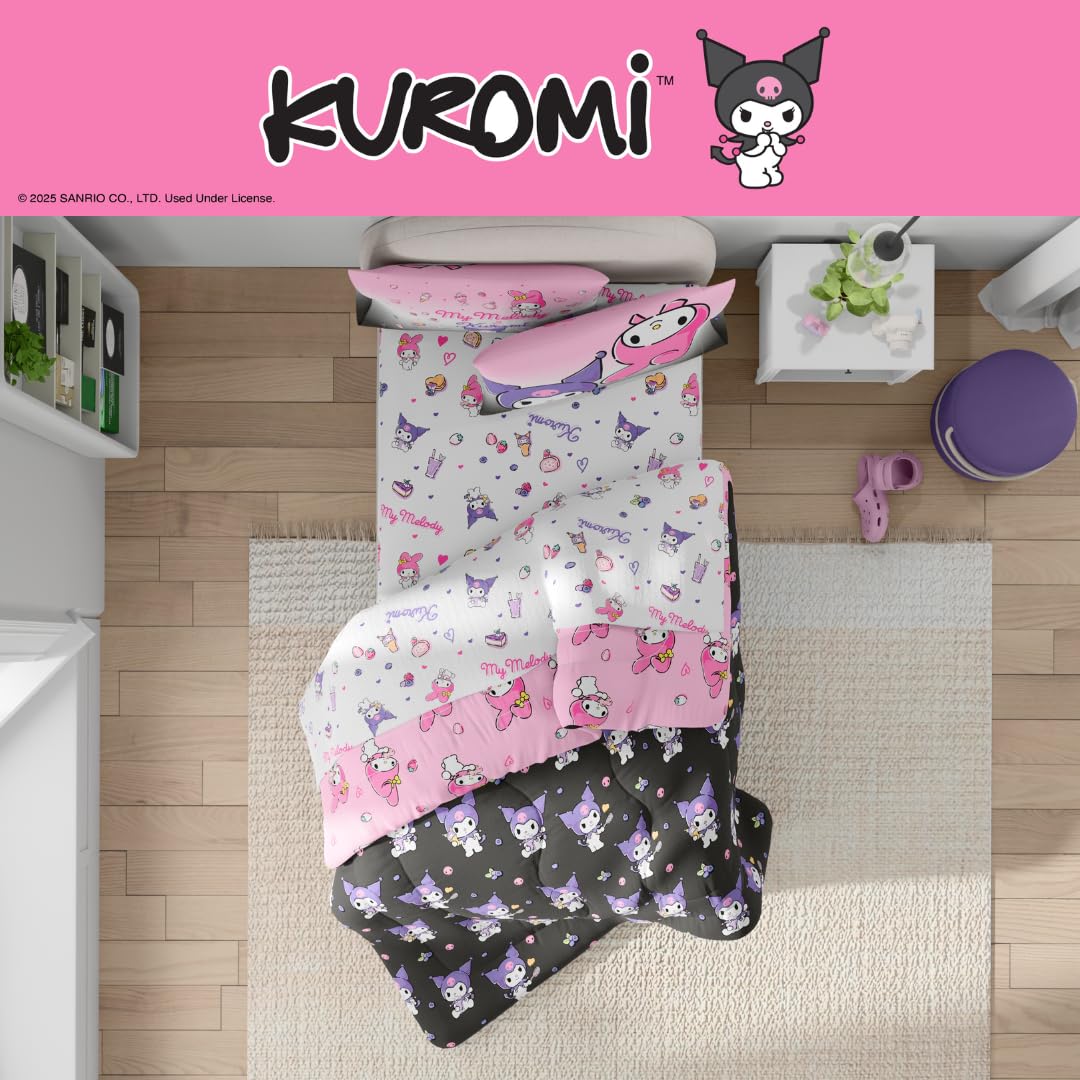 Franco Sanrio Kuromi & My Melody Bedding - Set di biancheria da letto, 5 pezzi, super morbido, accogliente, reversibile, con copripiumino e lenzuola, con federe, per letto matrimoniale (prodotto con