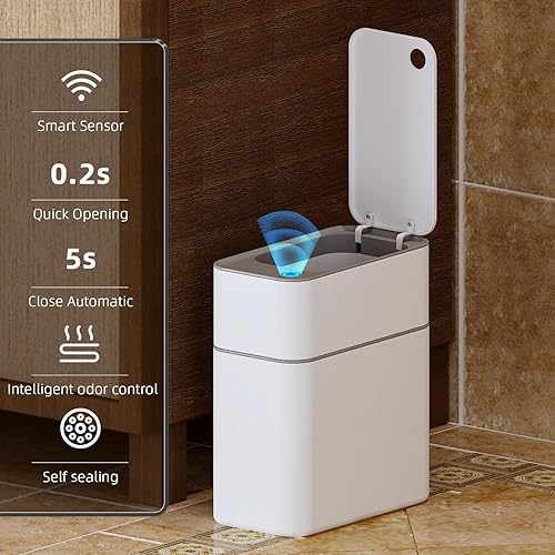 Miniatura 2 de funest Basurero de baño con tapa, 3.5 galones sin contacto con sensor de movimiento, absorción automática, papelera eléctrica delgada y pequeña para