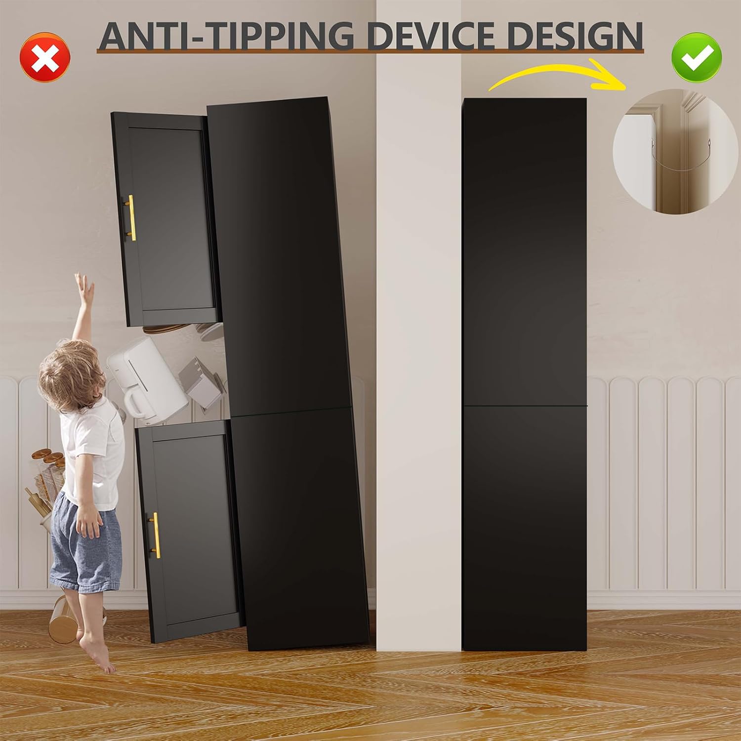 pozdeg 67" Tall Narrow Storage Cabinet Metal Bathroom Cabinet with 2 Doors & 4 Adjustable Shelves, Standing Pantry Cabinets Cupboard for Kitchen, Dining Room, Living Room and Bathroom (Black)