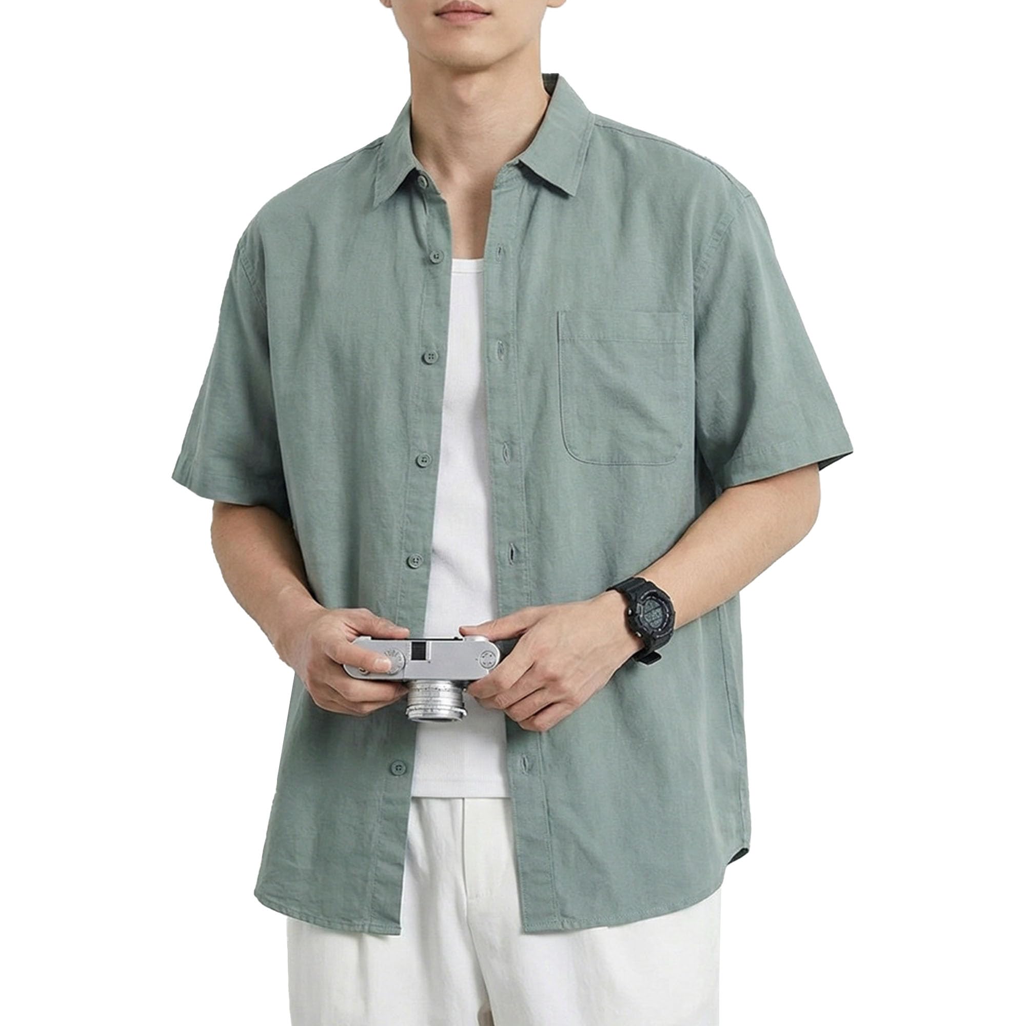 Camisa de gran tamaño con botones para hombre, para vacaciones, verano, cuello