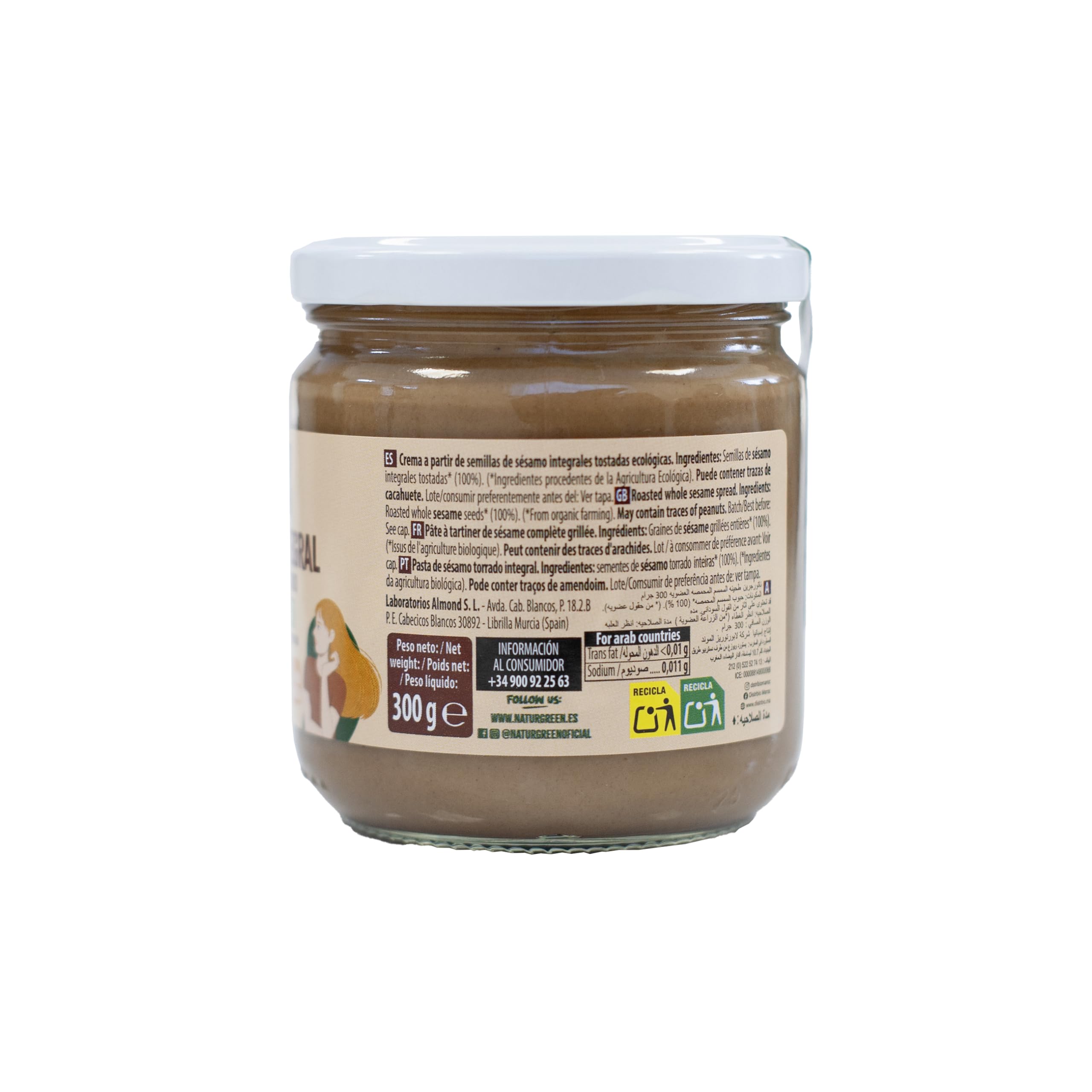 NaturGreen - Tahin de Sésamo Tostado Bio, Pack 6 x 300 g, Crema Integral 100% Natural, Sin Gluten, Vegana, Fuente de Proteína y Fibra, Sin Azúcares Añadidos, Ideal para Hummus y Untables