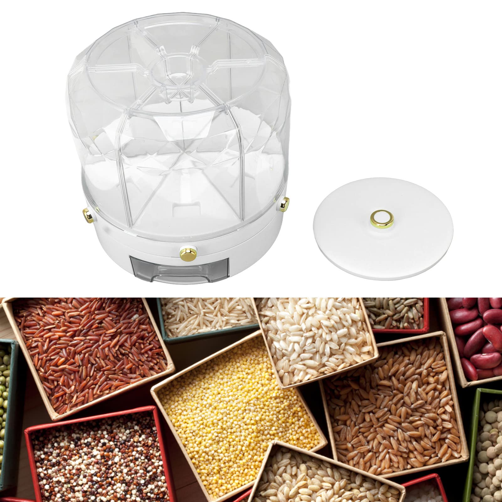 Natudeco Grain Storage Container Rotatable Rice Dispenser Box 6 Grid Grain Dispenser 360 Degree Rotating Food Dispenser Cereal Dispenser Countertop for Beans Rice Grains(white)