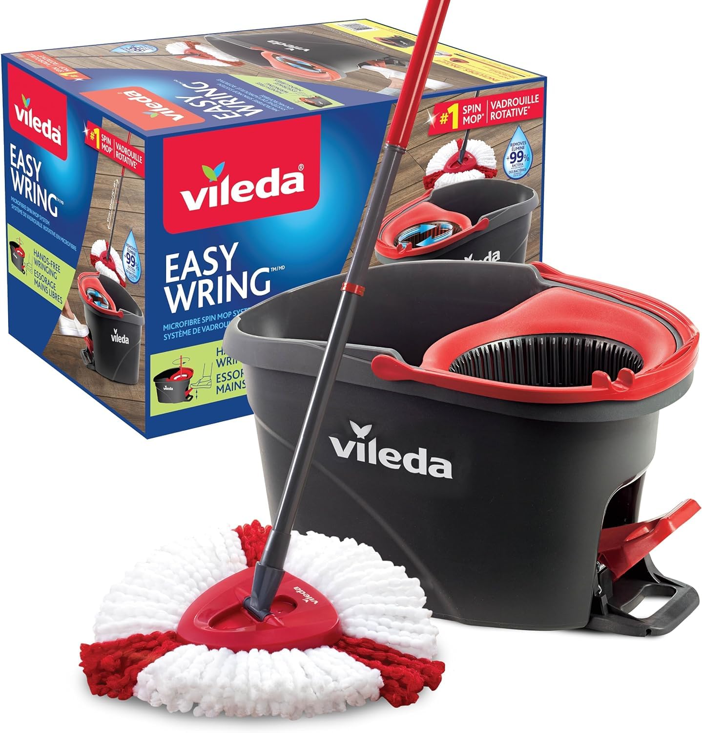 Vileda EasyWring Spin Mop & Bucket Floor Cleaning System with Power Mop Head | Hands-Free Wringing Mop Bucket | Extendable Handle | Safe on All Floor Types| Mop Refill Removes Tough Dirt and Grime