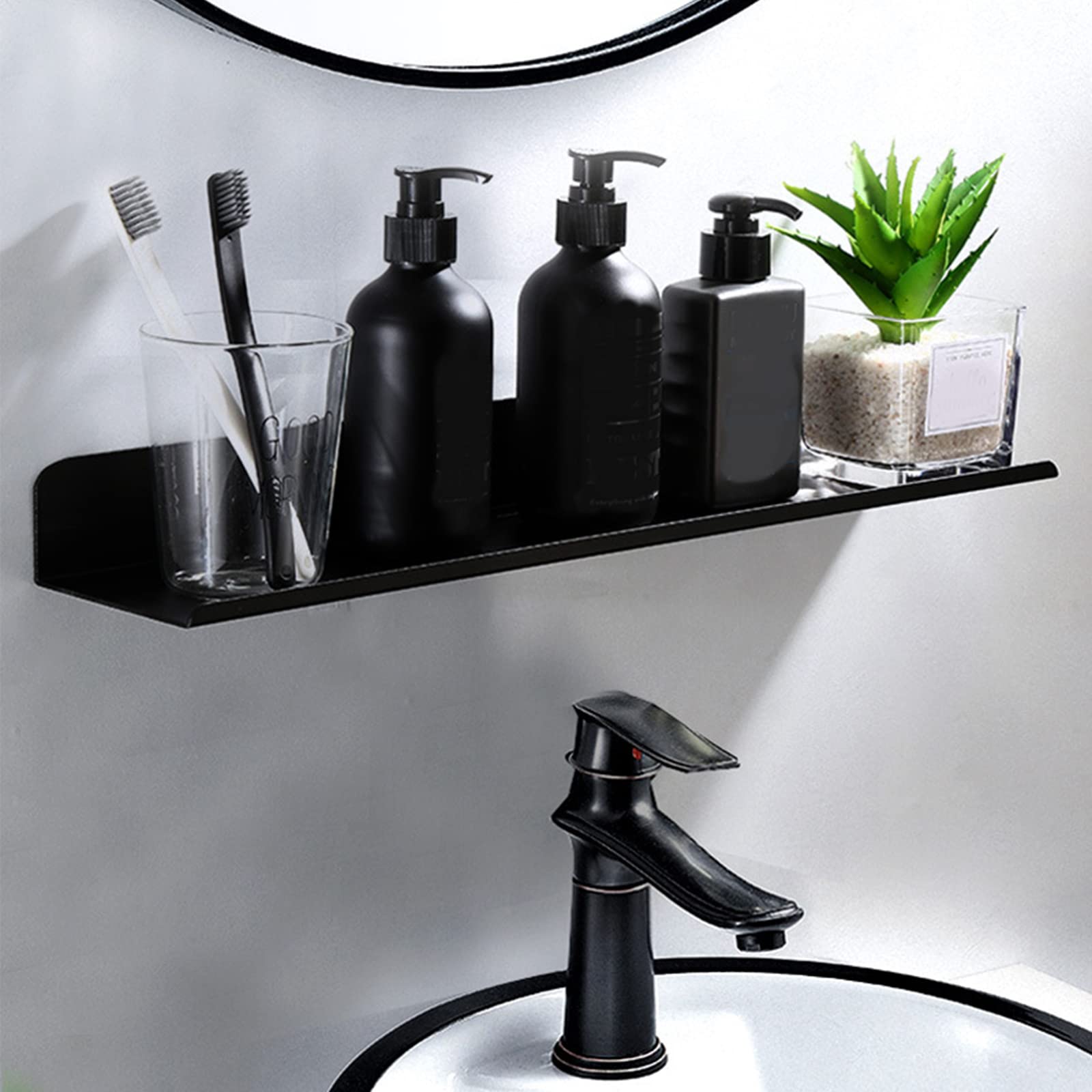 Mensola Da Parete In Alluminio 40 Cm - Nero - Con Bordino Di Sicurezza E Fori Di Drenaggio Per Bagno E Cucina - 3