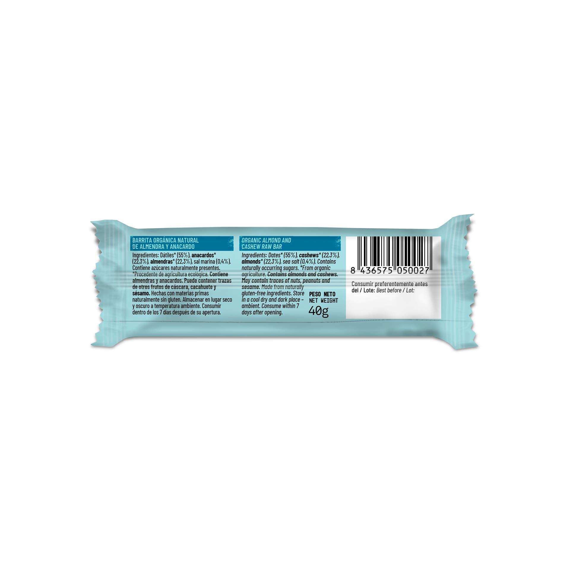NATRULY Barritas Energéticas BIO Almendra y Anacardo Sin Azúcar Añadido, 100% Natural y Orgánicas, Sin Gluten, Vegana -Pack 14x40g