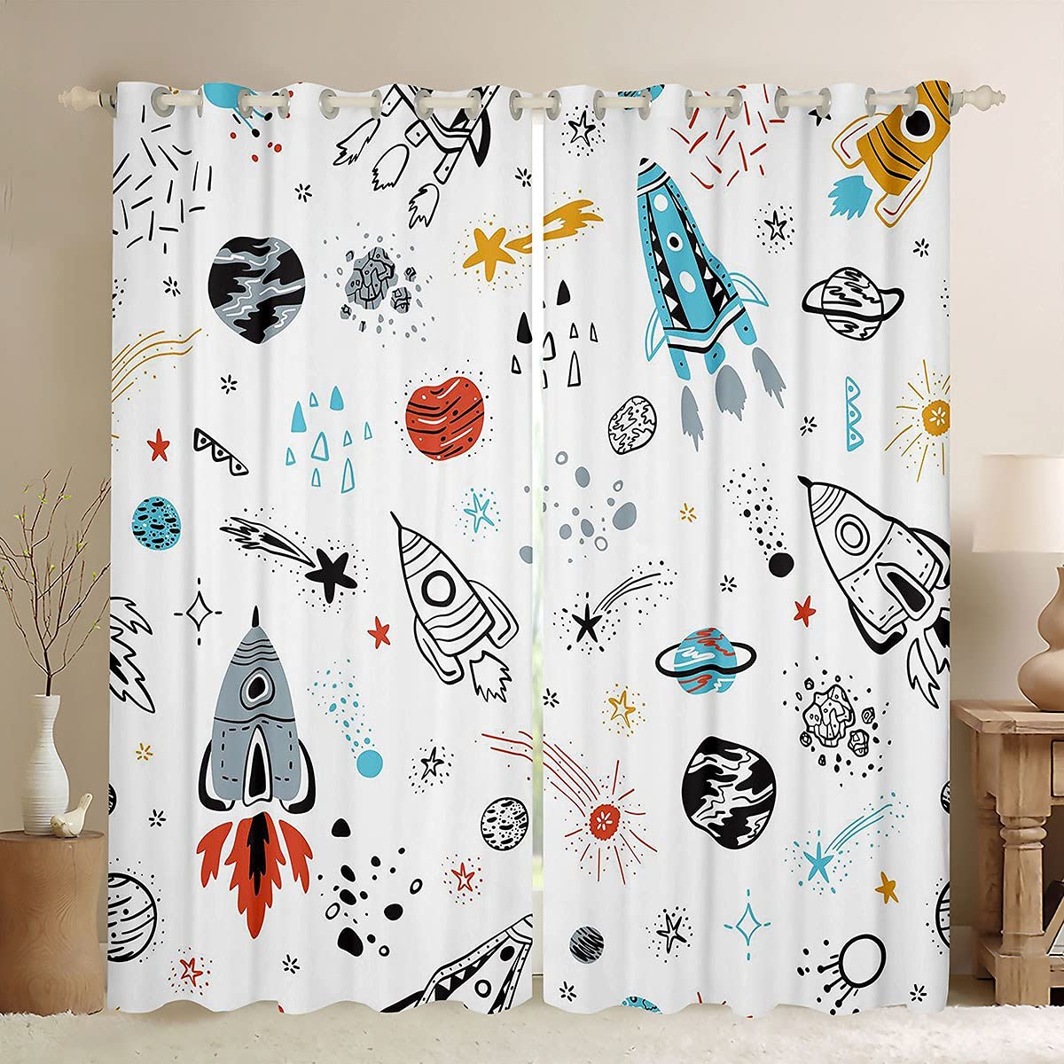 Lindas Cortinas de Cohete para niños, Planeta de Dibujos Animados, Nave, Espacio Exterior, Aventura, Cortinas de Ventana para Dormitorio, Sala de Estar, Universo, Planetas, tratamientos de Ventana, W