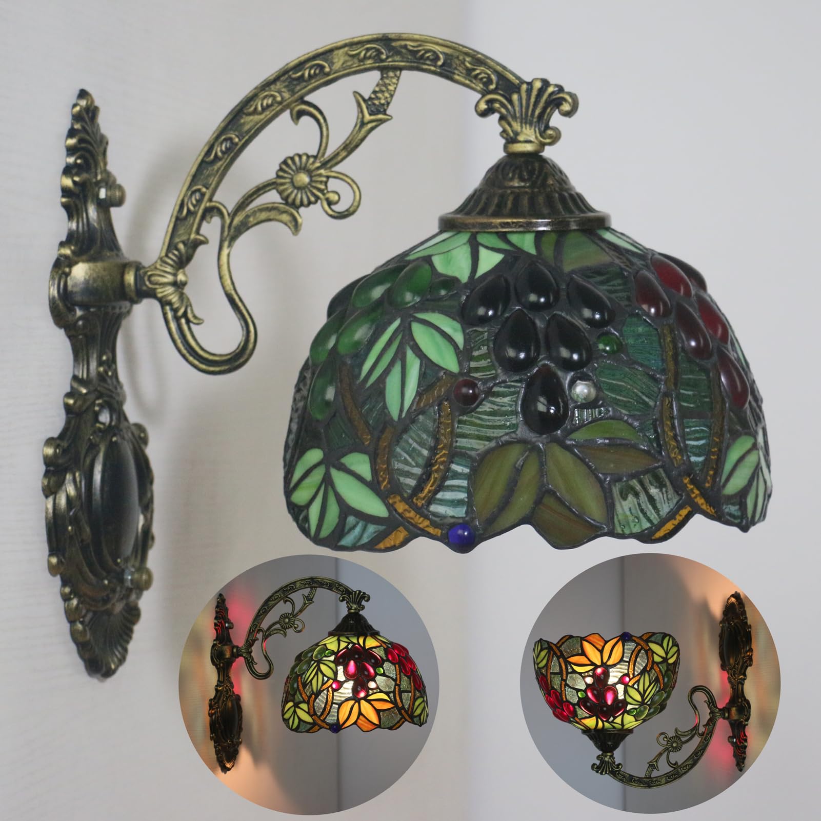 Wandleuchten, Tiffany Wand Lampe mit 8 Zoll Lampenschirm aus Buntglas und Gestell aus Metall, Wandlampen Vintage Wand Licht für Innen Wohnzimmer Korridor Treppen Flur, Grape