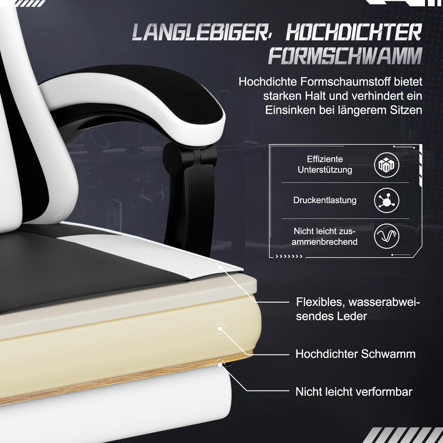 Gaming Stuhl, ergonomischer Gaming Sessel mit Fußstütze, Gamer Stuhl mit Lendenkissen & Kopfstütze, Gaming Chair mit neigbarer Rückenlehne, Bürostuhl & Gamingstuhl,150 kg, Weiß
