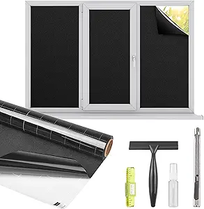 Kromapolis Blackout Window Privacy Film Total Light Blocking Room Darkening Window Covering, Removable Static Cling Frosted Glass Tint, Non-Adhesive, Black 29.5'' x 78.7''