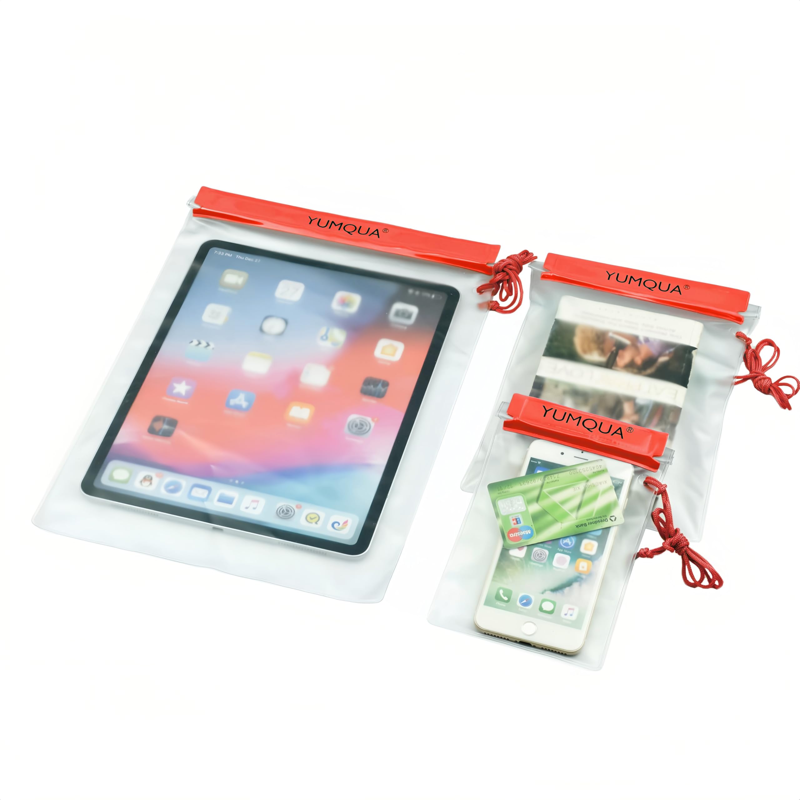 YUMQUA Waterproof Bag, Waterproof Pouch Dry Bag for Document Map Camera Tablet Phone Holder, Set of 3, Red