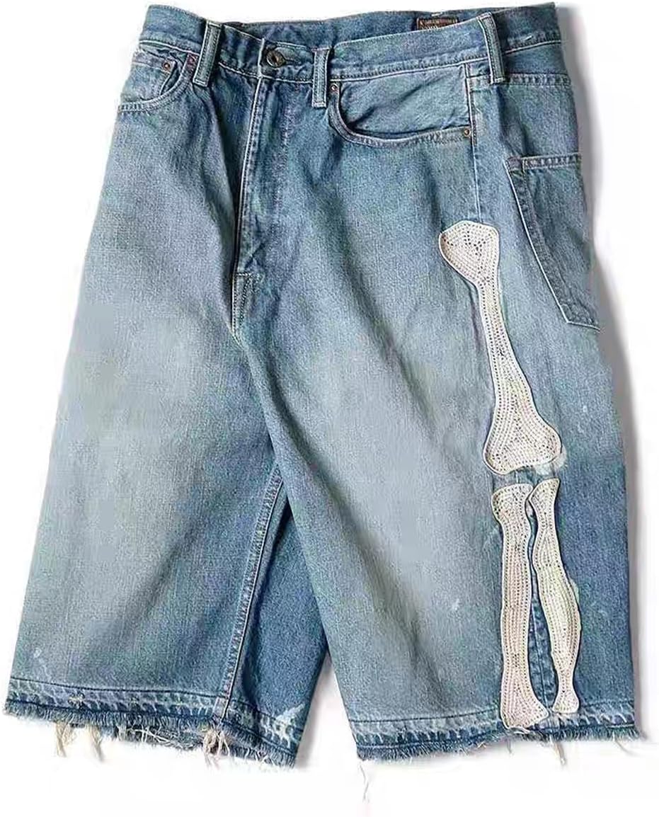 Retro Denim Shorts Men's y2k Casual Embroidered Bone Denim Shorts Men's and Women's - Image 4